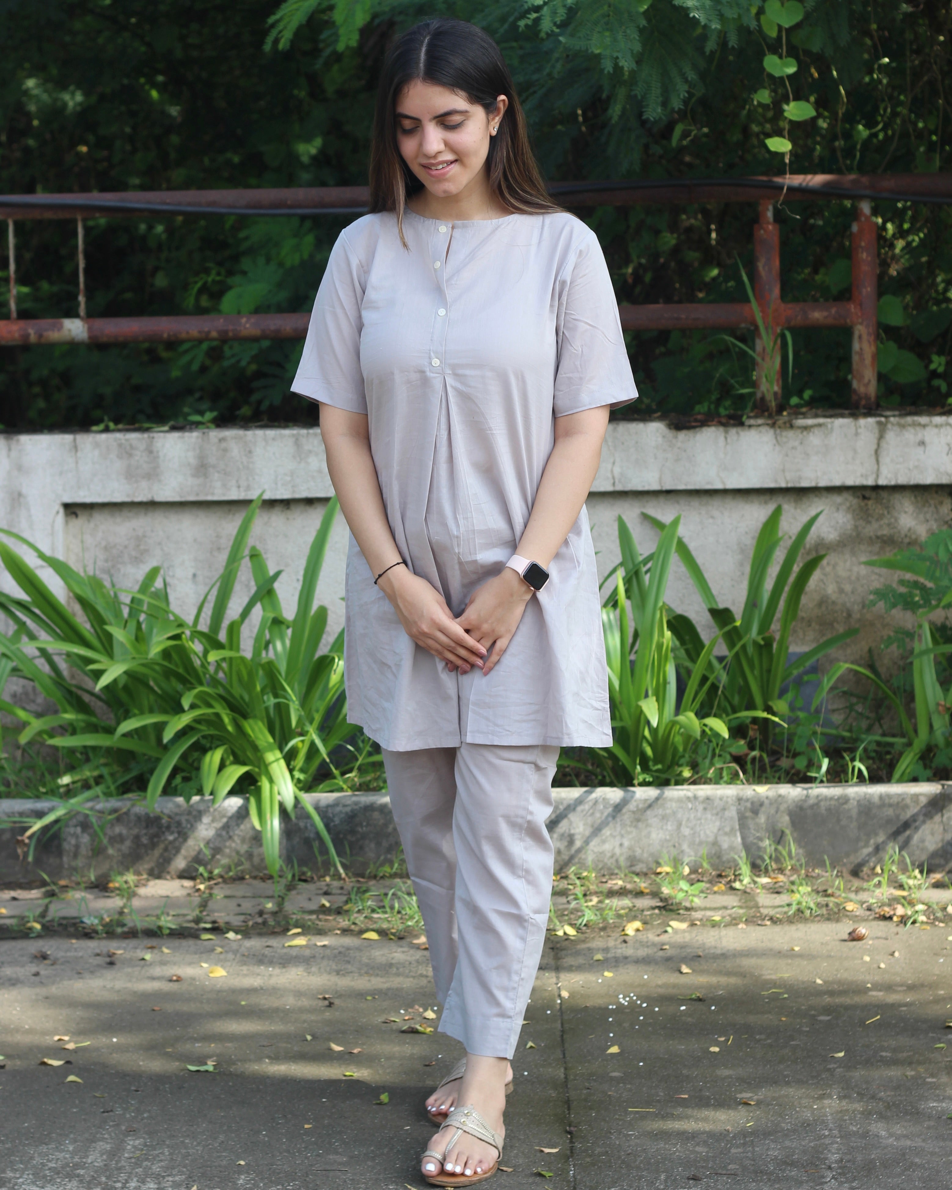 Premium Cotton Grey Lounge Set - Short Shirt for Youth and Long Top for Adults, with Comfortable Pants and Pockets