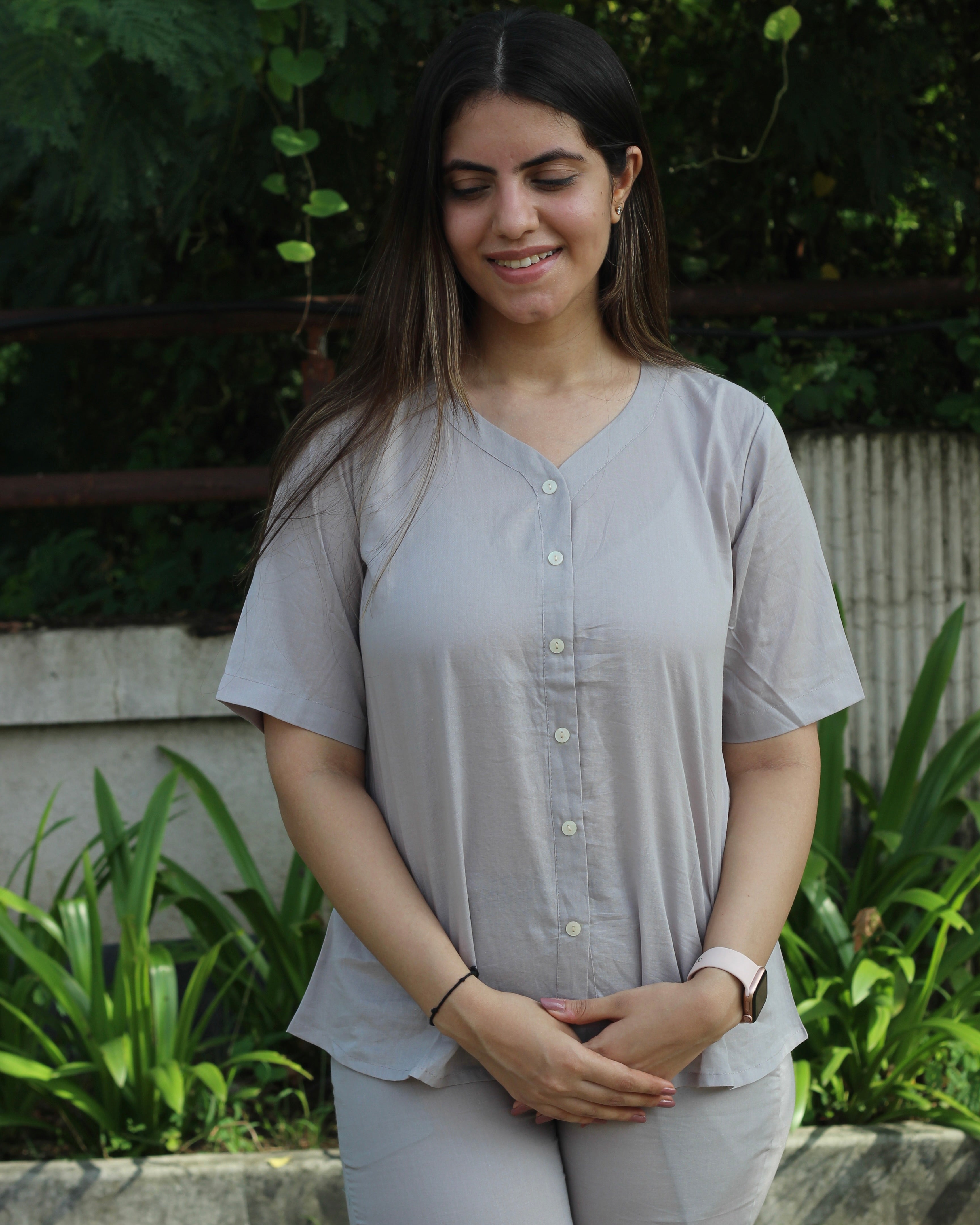 Premium Cotton Grey Lounge Set - Short Shirt for Youth and Long Top for Adults, with Comfortable Pants and Pockets