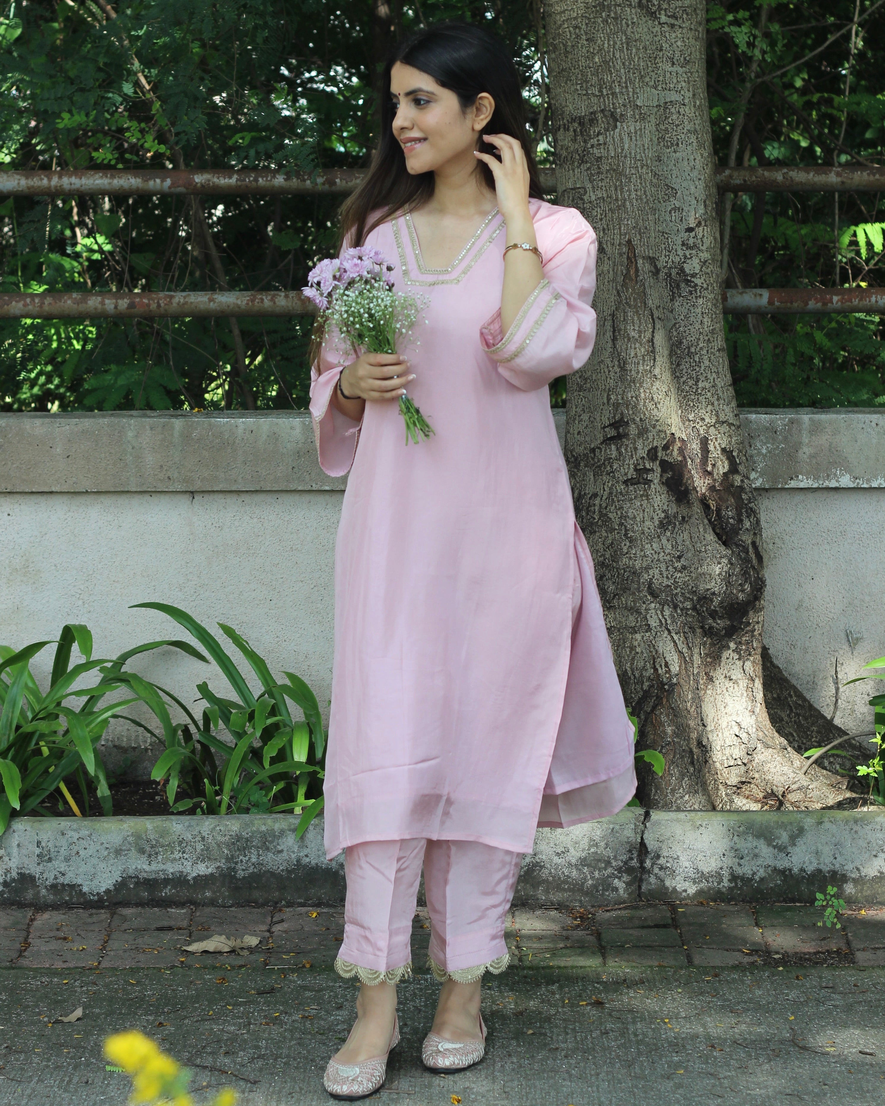 Light Pink Upadda Silk Kurta Set with Lace Detail