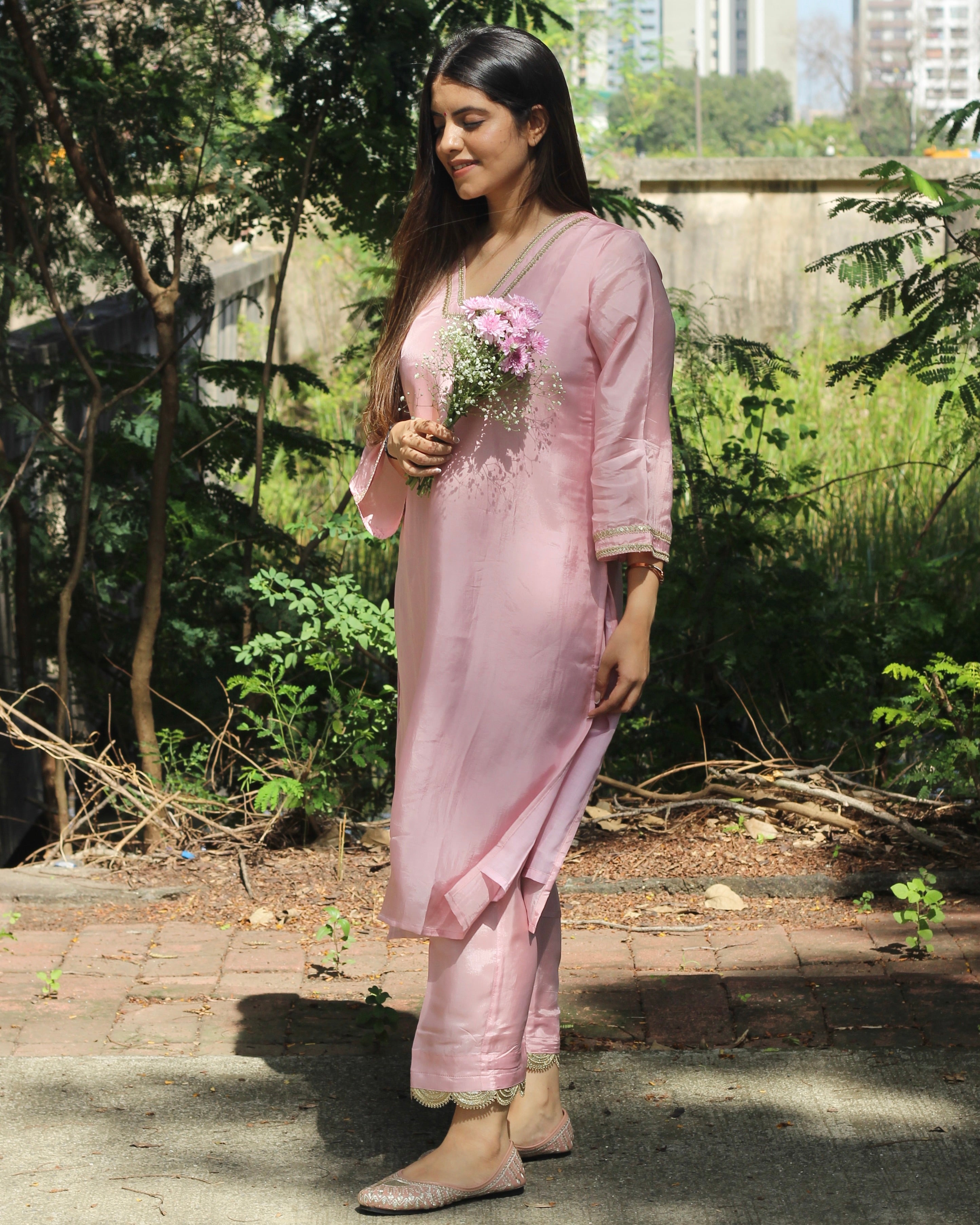 Light Pink Upadda Silk Kurta Set with Lace Detail