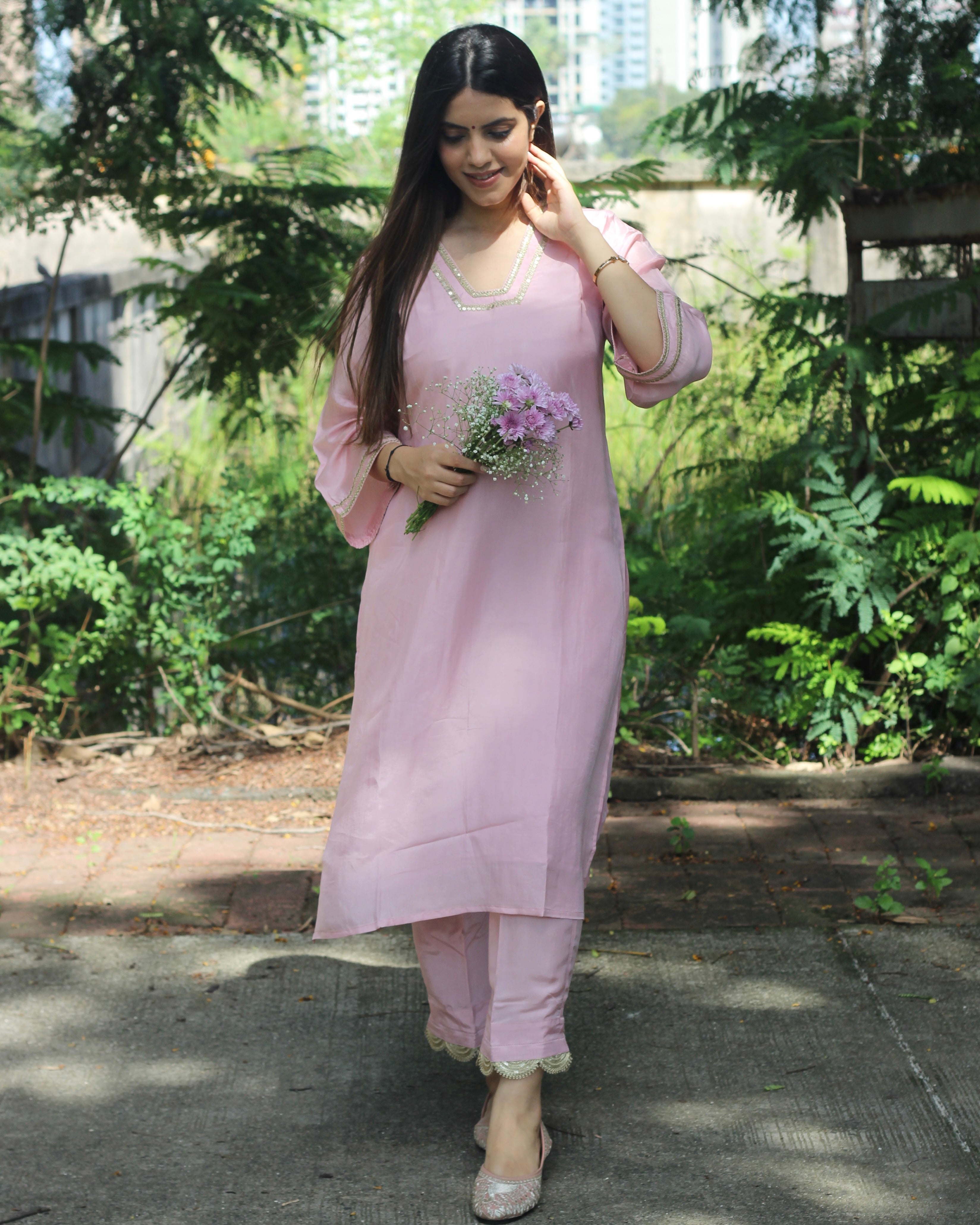 Light Pink Upadda Silk Kurta Set with Lace Detail