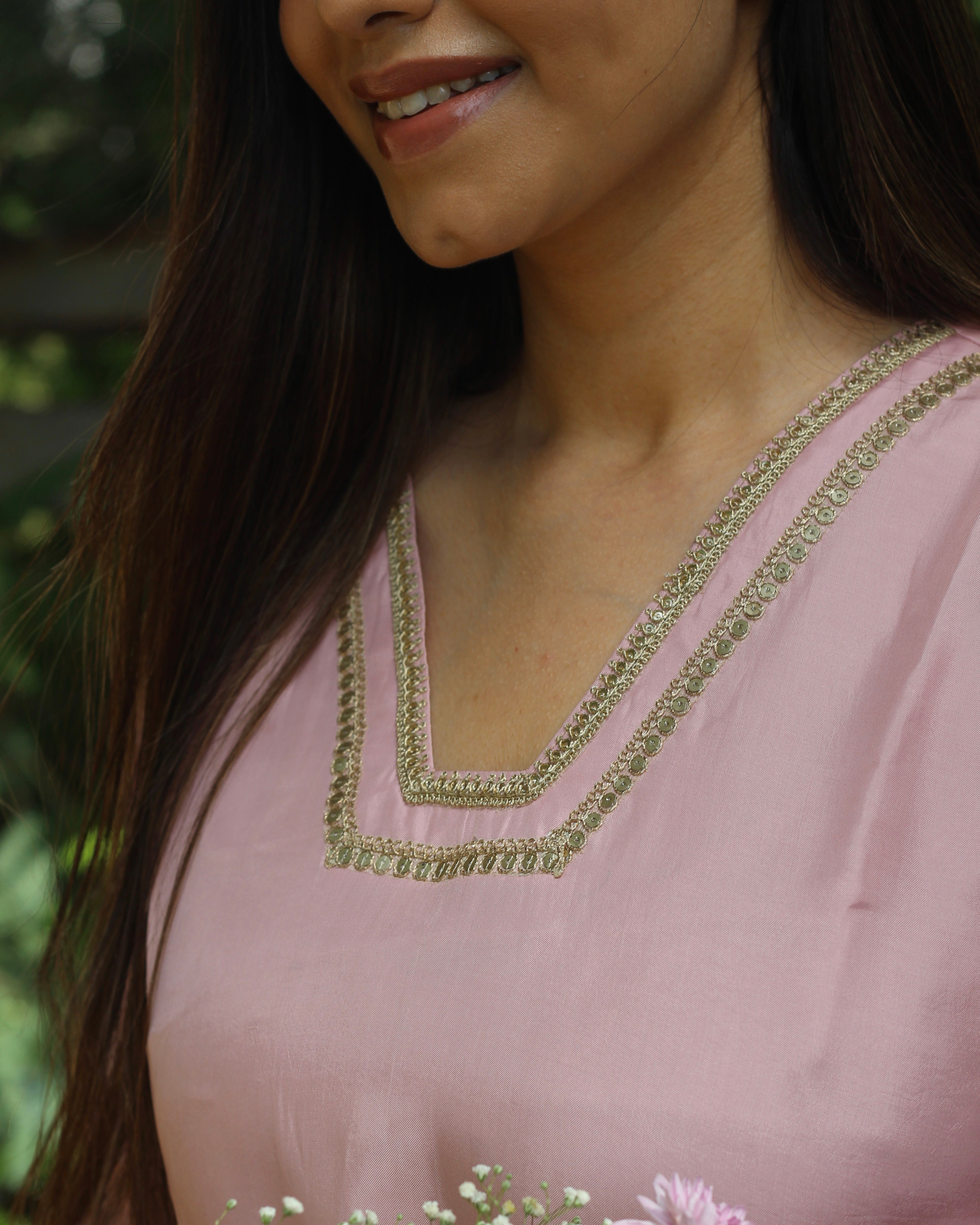 Light Pink Upadda Silk Kurta Set with Lace Detail