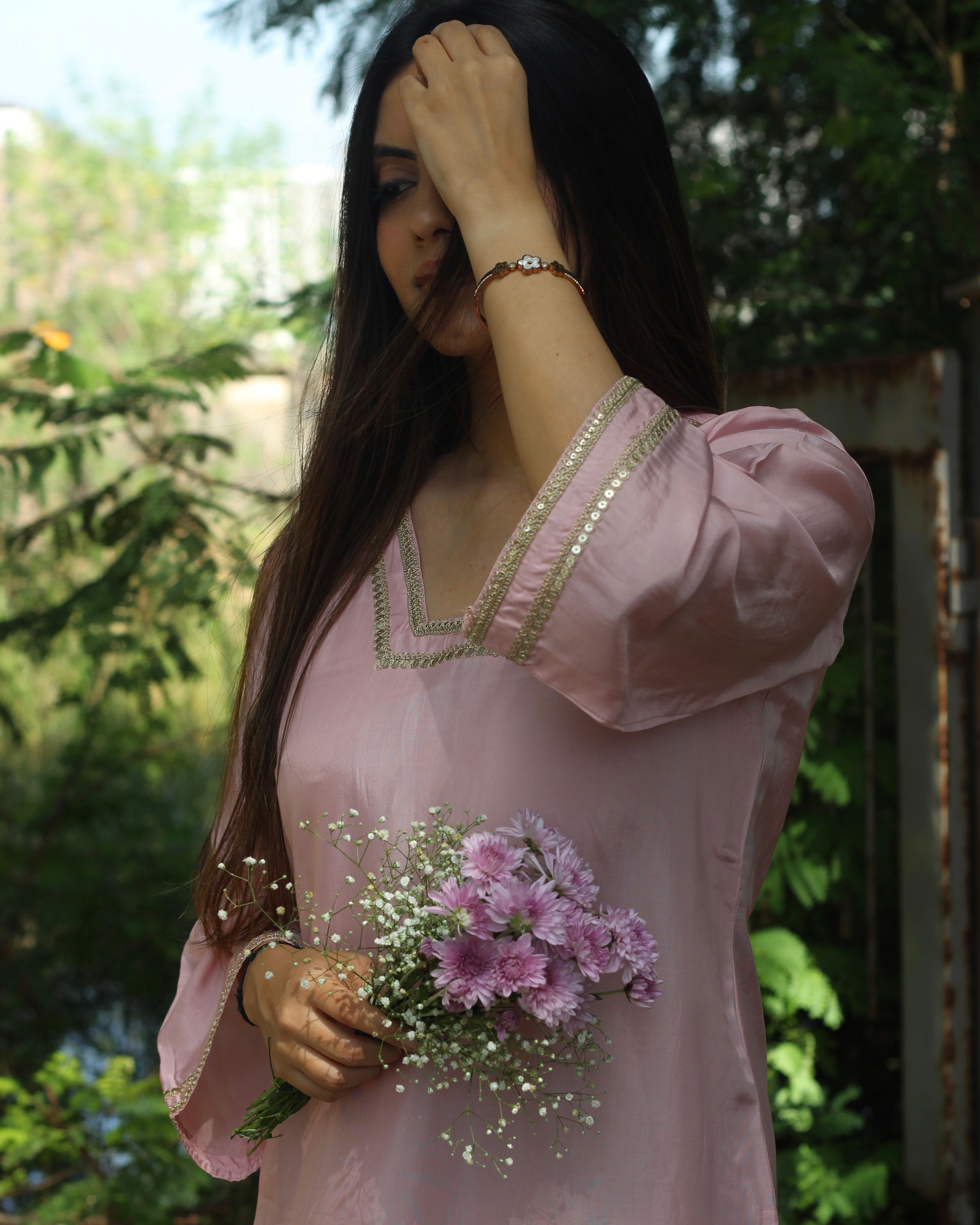 Light Pink Upadda Silk Kurta Set with Lace Detail