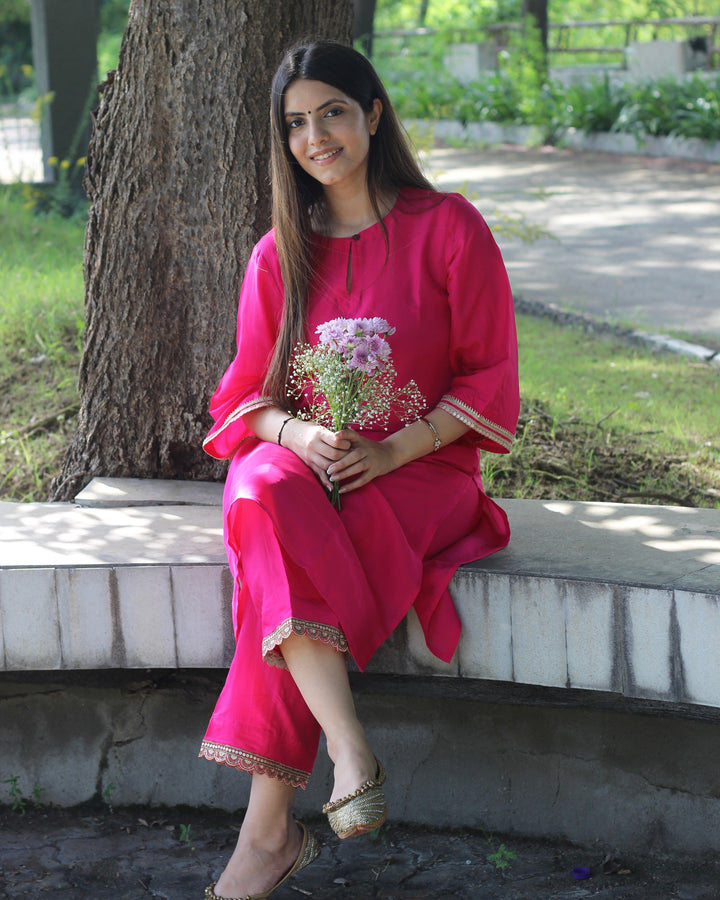 Hot Pink Uppada Silk Kurta Set