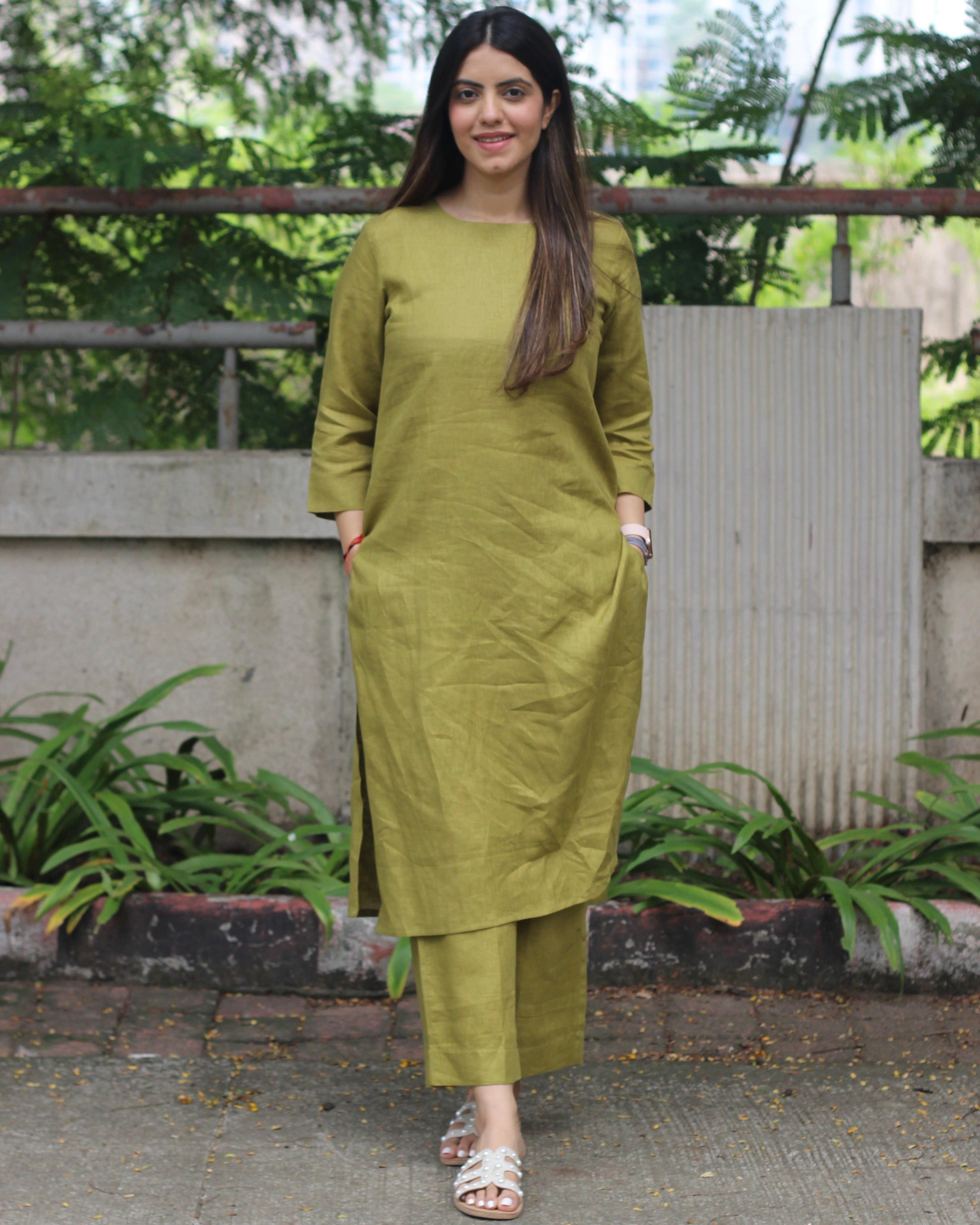 Mustard Green Premium Linen Kurta Set - Plain Design, Effortlessly Stylish, Model Wearing Size M