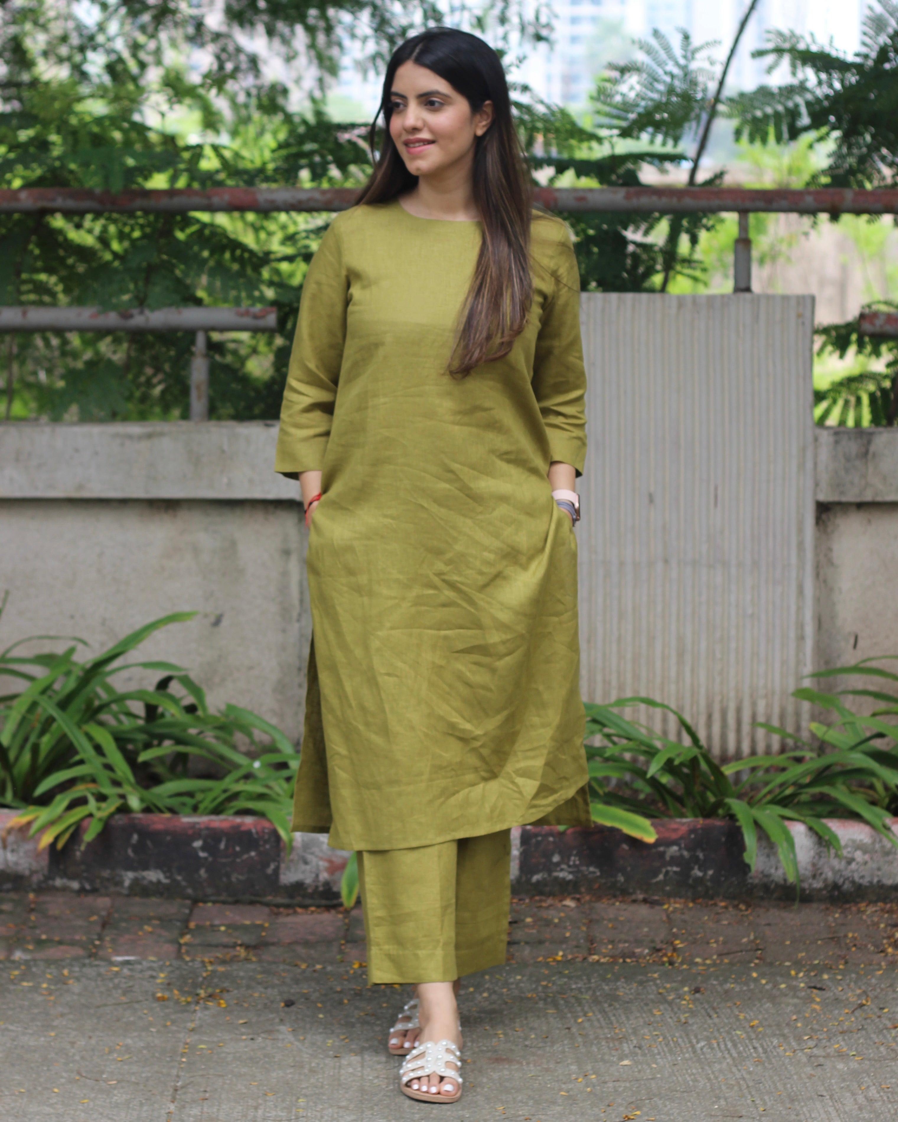 Mustard Green Premium Linen Kurta Set - Plain Design, Effortlessly Stylish, Model Wearing Size M
