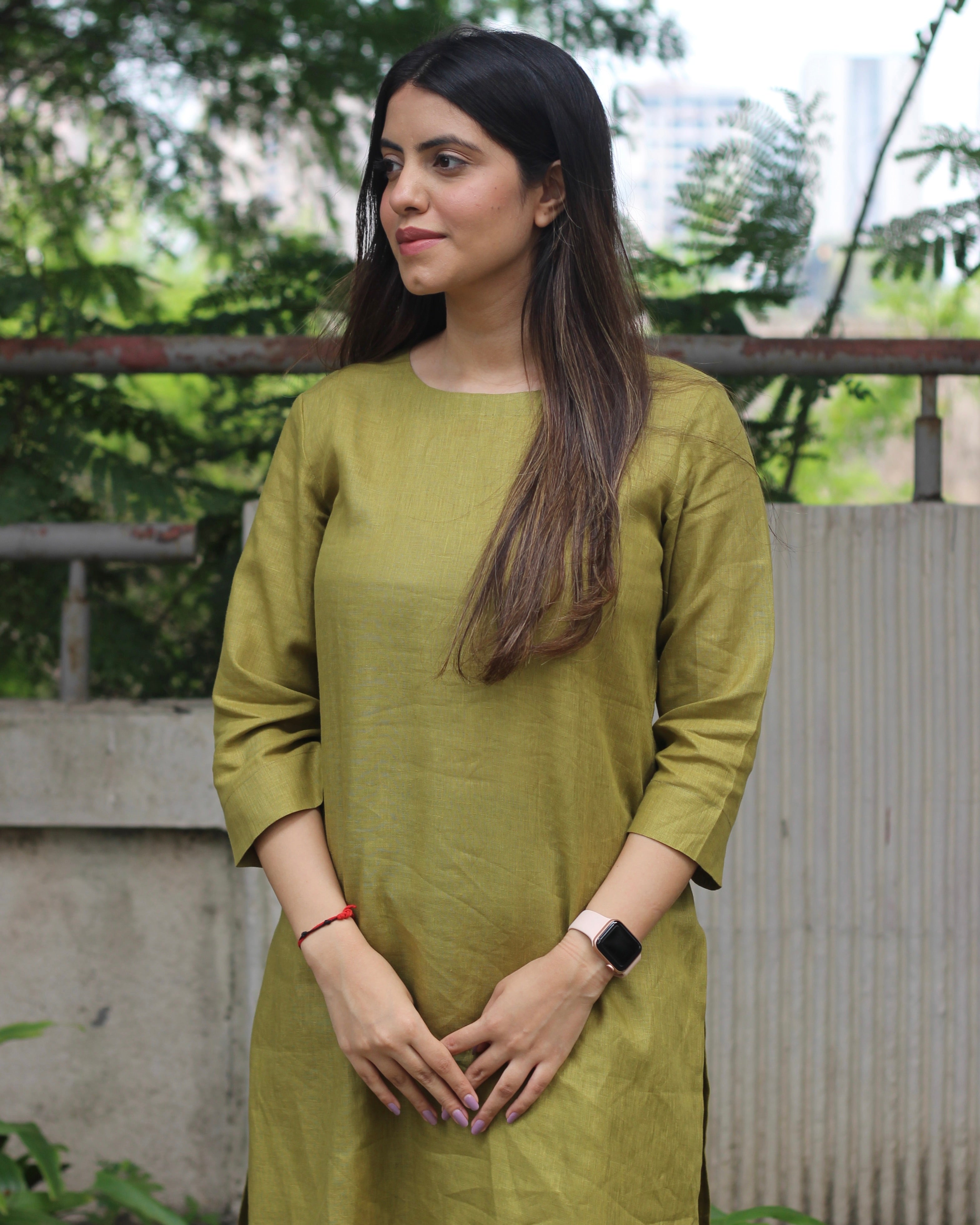 Mustard Green Premium Linen Kurta Set - Plain Design, Effortlessly Stylish, Model Wearing Size M

