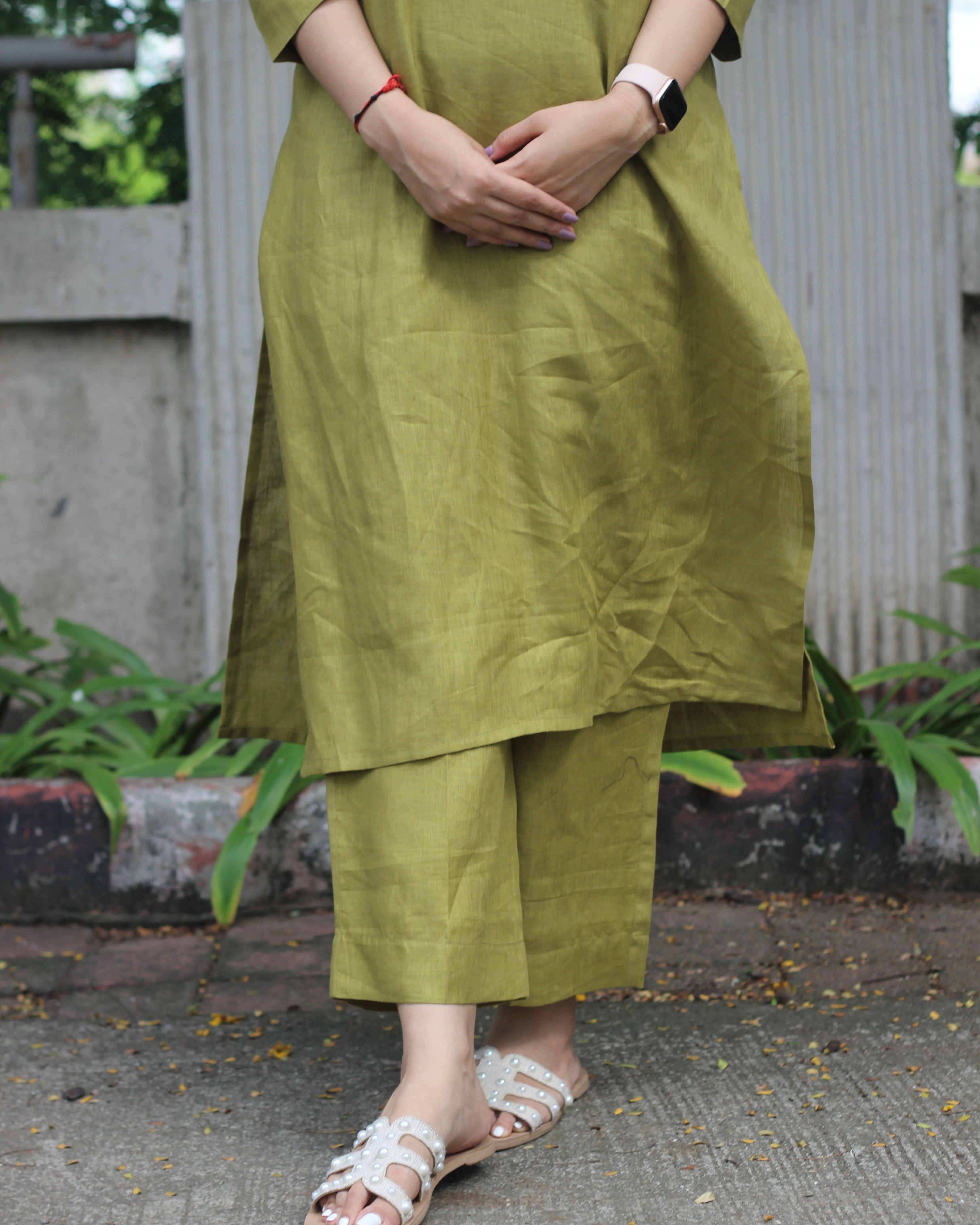 Mustard Green Premium Linen Kurta Set - Plain Design, Effortlessly Stylish, Model Wearing Size M



