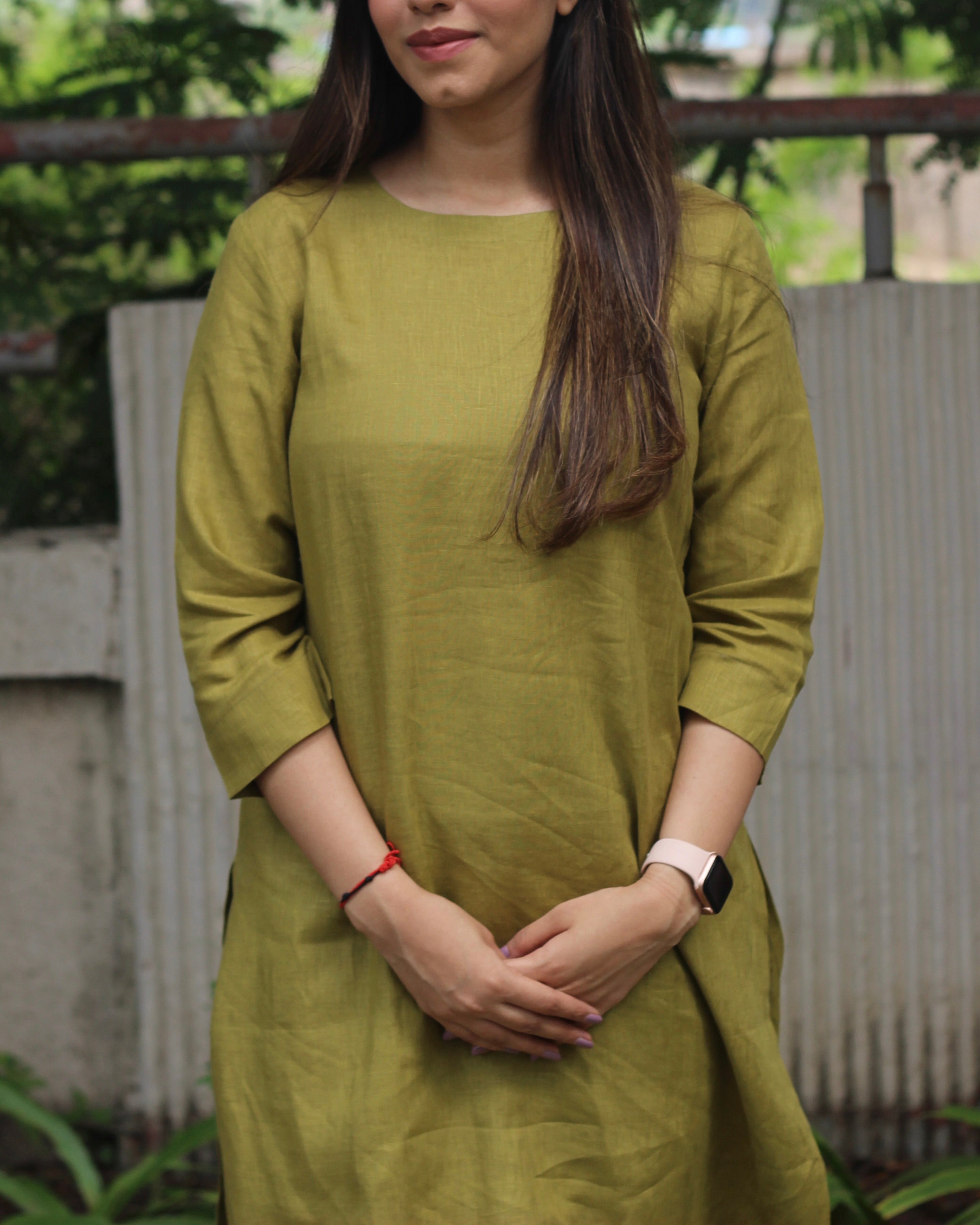 Mustard Green Premium Linen Kurta Set - Plain Design, Effortlessly Stylish, Model Wearing Size M

