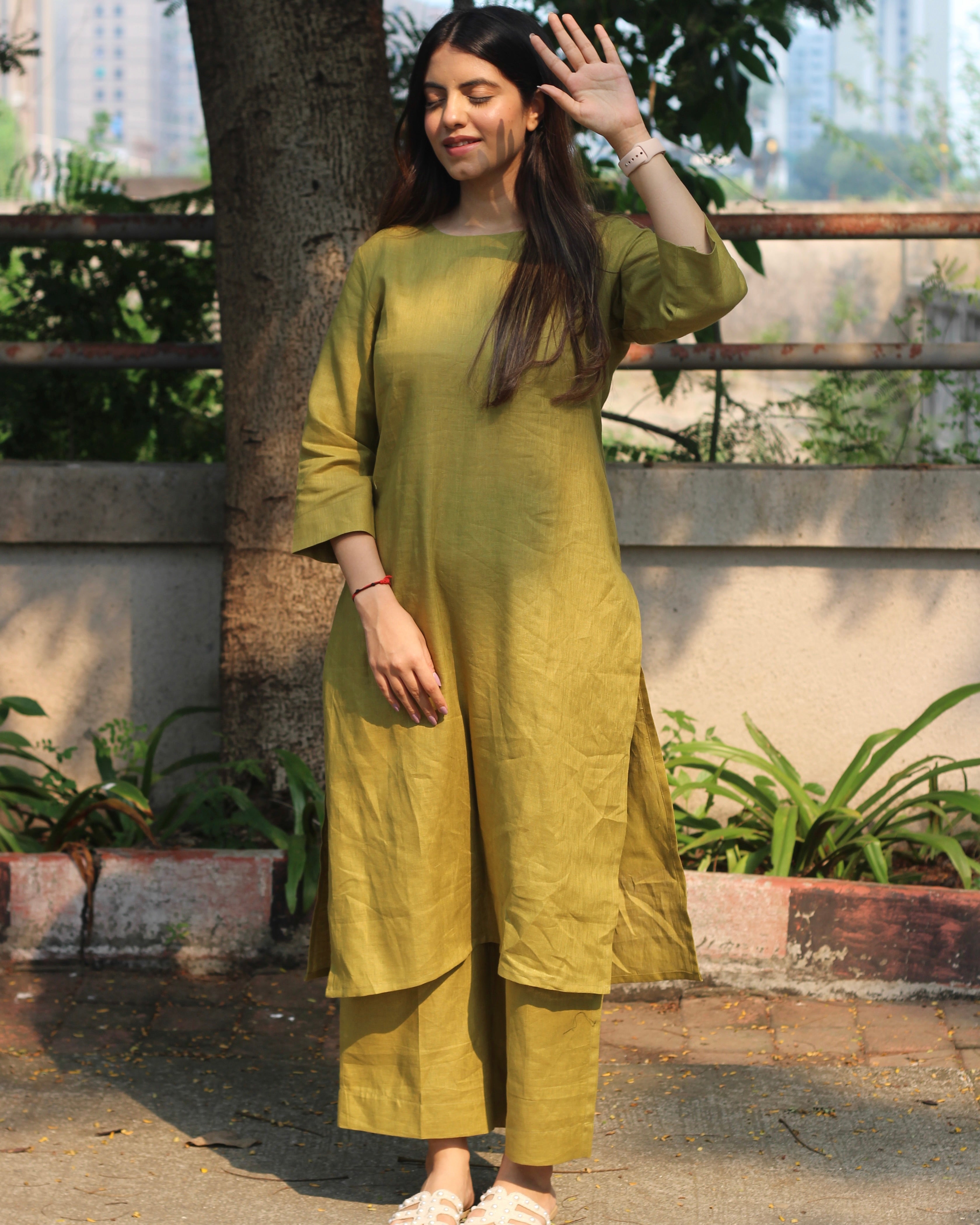 Mustard Green Premium Linen Kurta Set - Plain Design, Effortlessly Stylish, Model Wearing Size M

