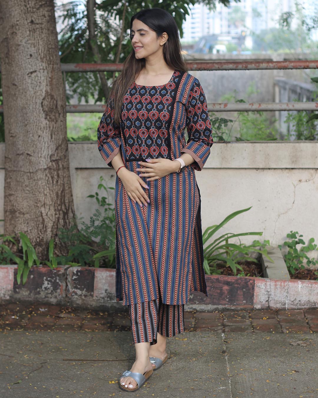 Striped Blue & Black Ajrakh Cotton Kurta