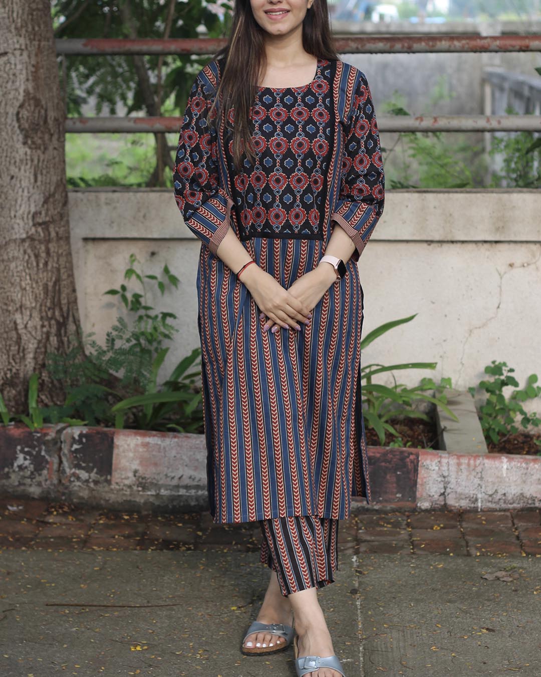 Striped Blue & Black Ajrakh Cotton Kurta