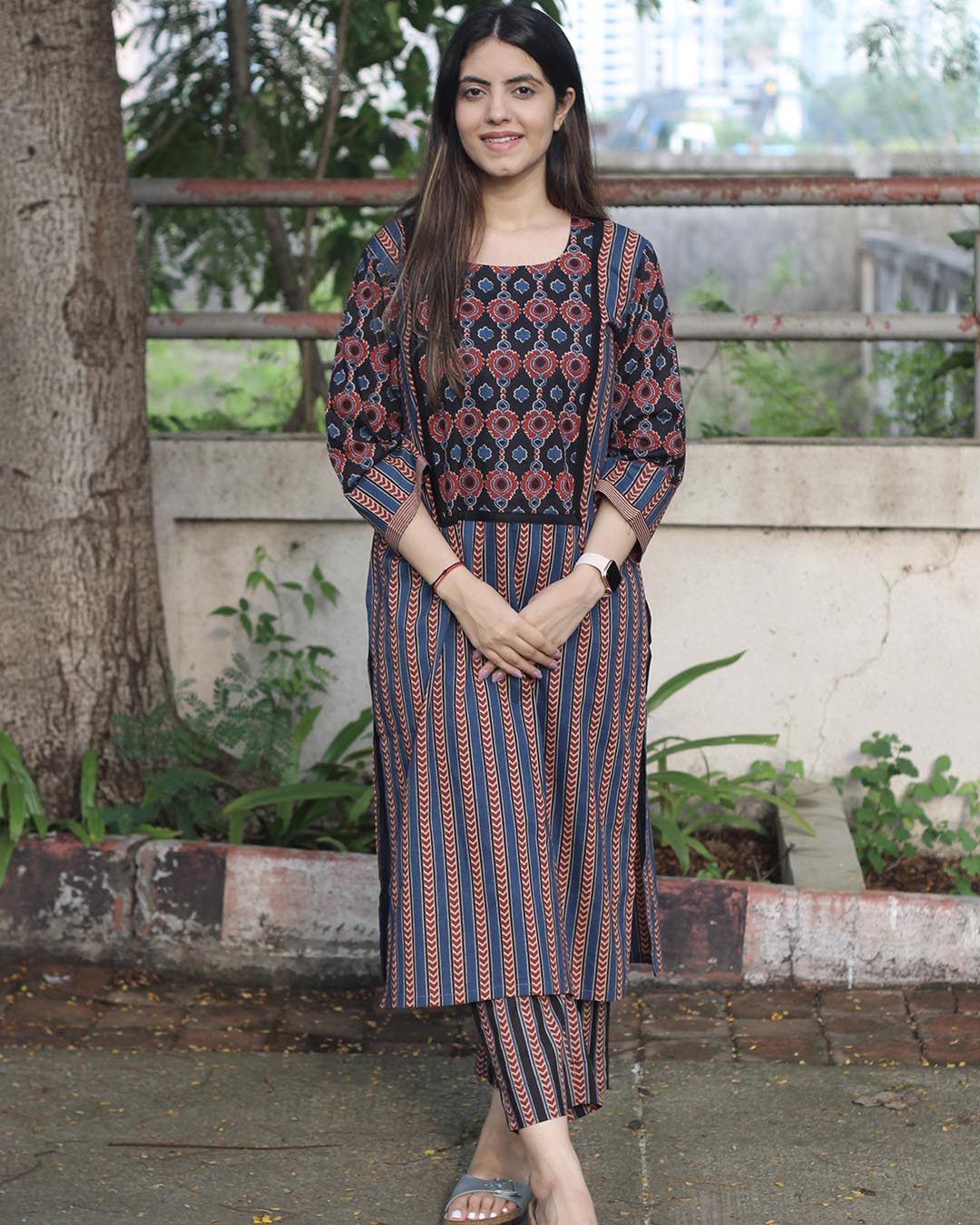 Striped Blue & Black Ajrakh Cotton Kurta