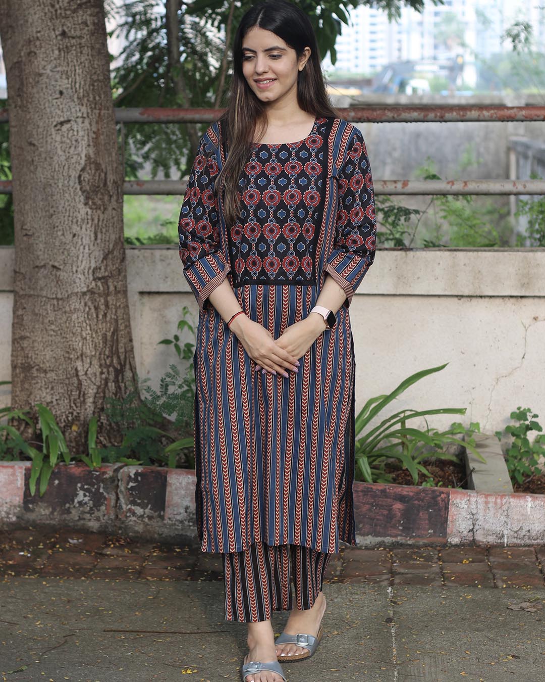 Striped Blue & Black Ajrakh Cotton Kurta