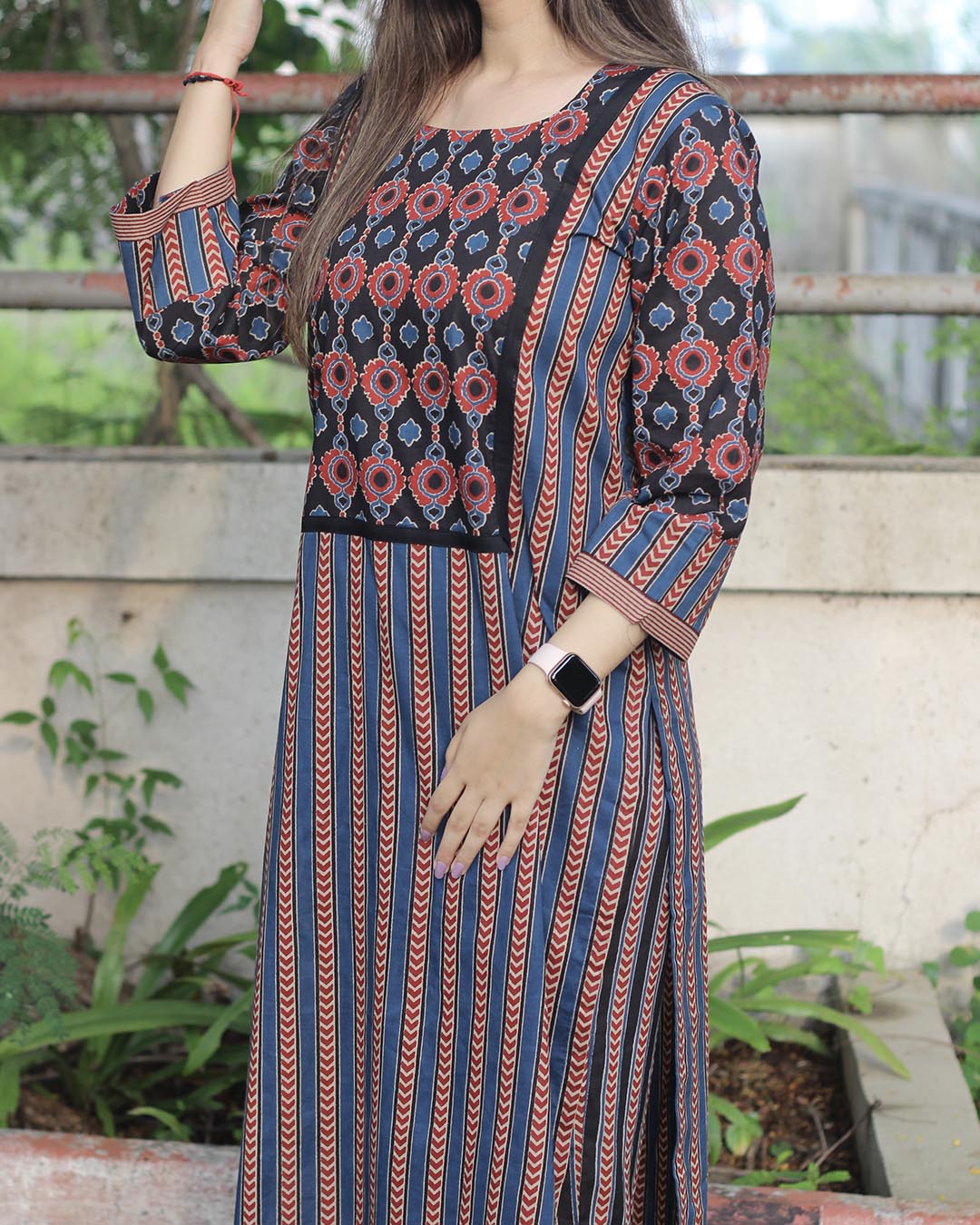 Striped Blue & Black Ajrakh Cotton Kurta