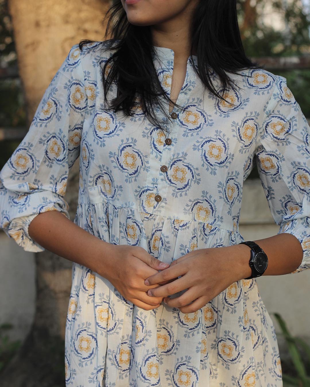 Premium Cotton Pleated Long Kurta – Abstract Floral Print