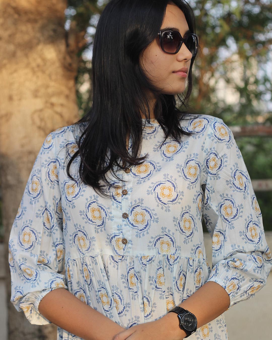 Premium Cotton Pleated Long Kurta – Abstract Floral Print