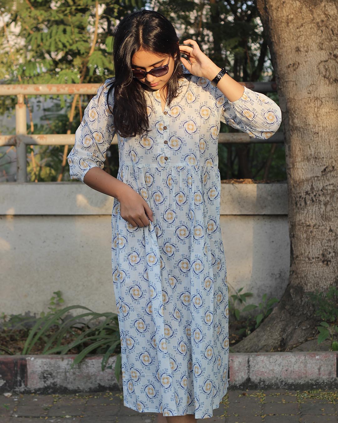 Premium Cotton Pleated Long Kurta – Abstract Floral Print