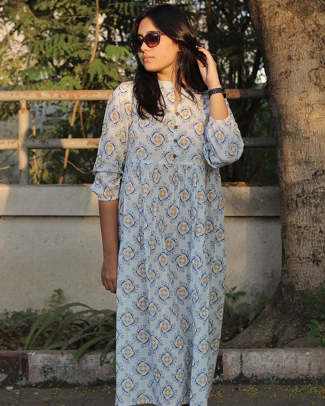 Premium Cotton Pleated Long Kurta – Abstract Floral Print