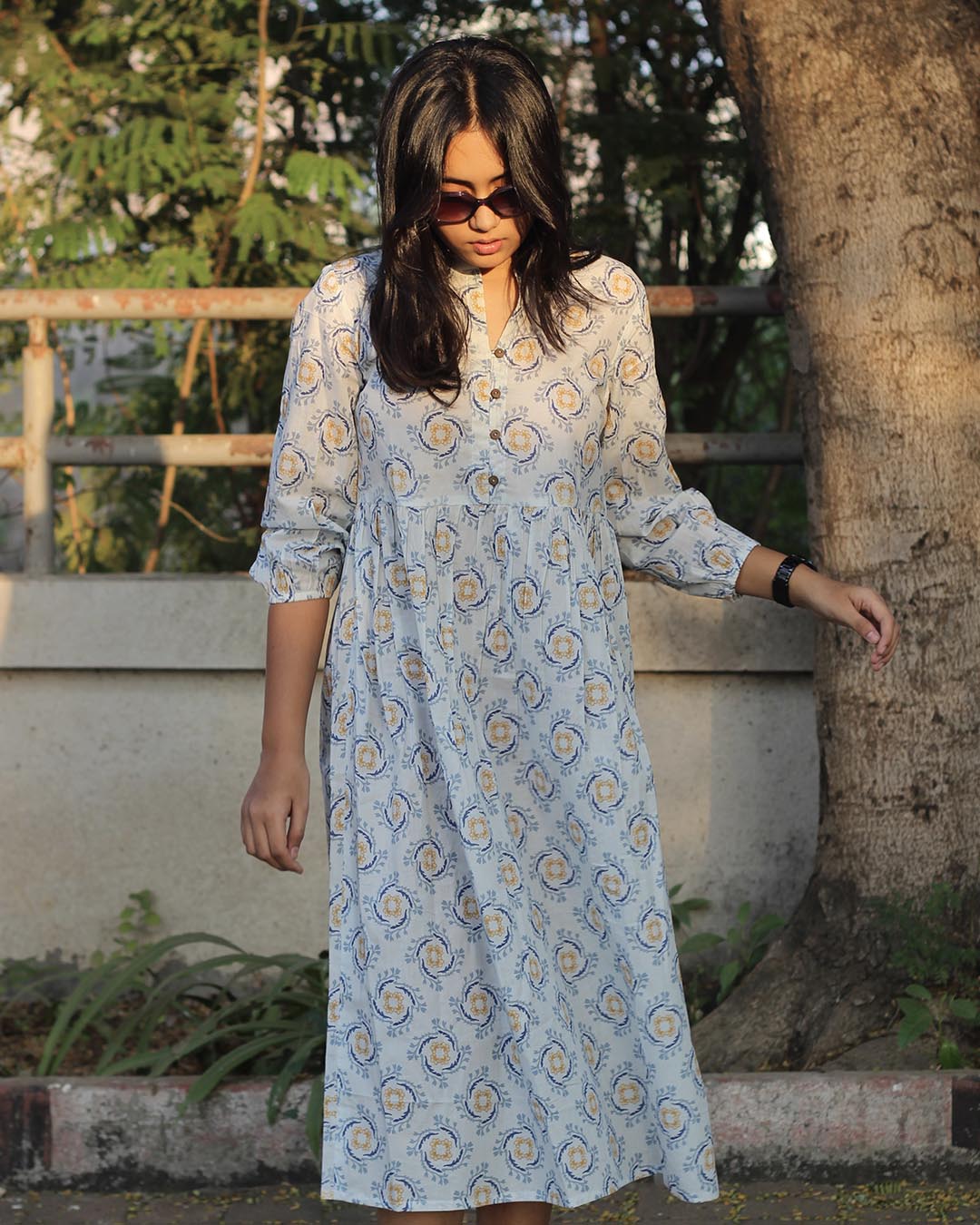 Premium Cotton Pleated Long Kurta – Abstract Floral Print
