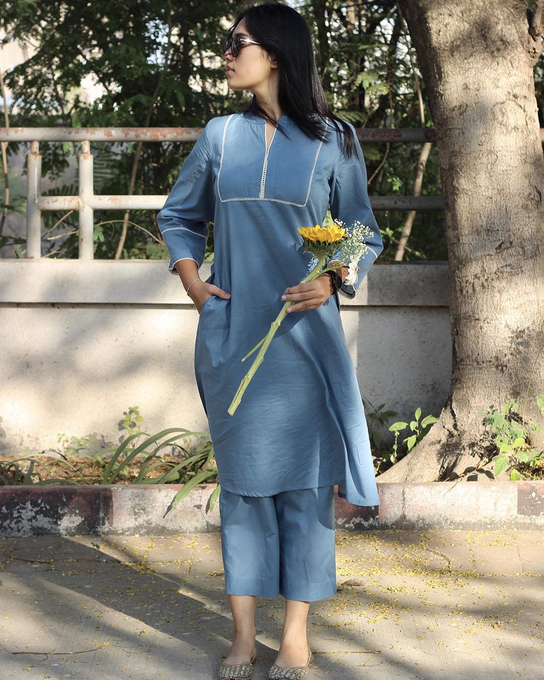 Steel Blue Relaxed Cotton Pants