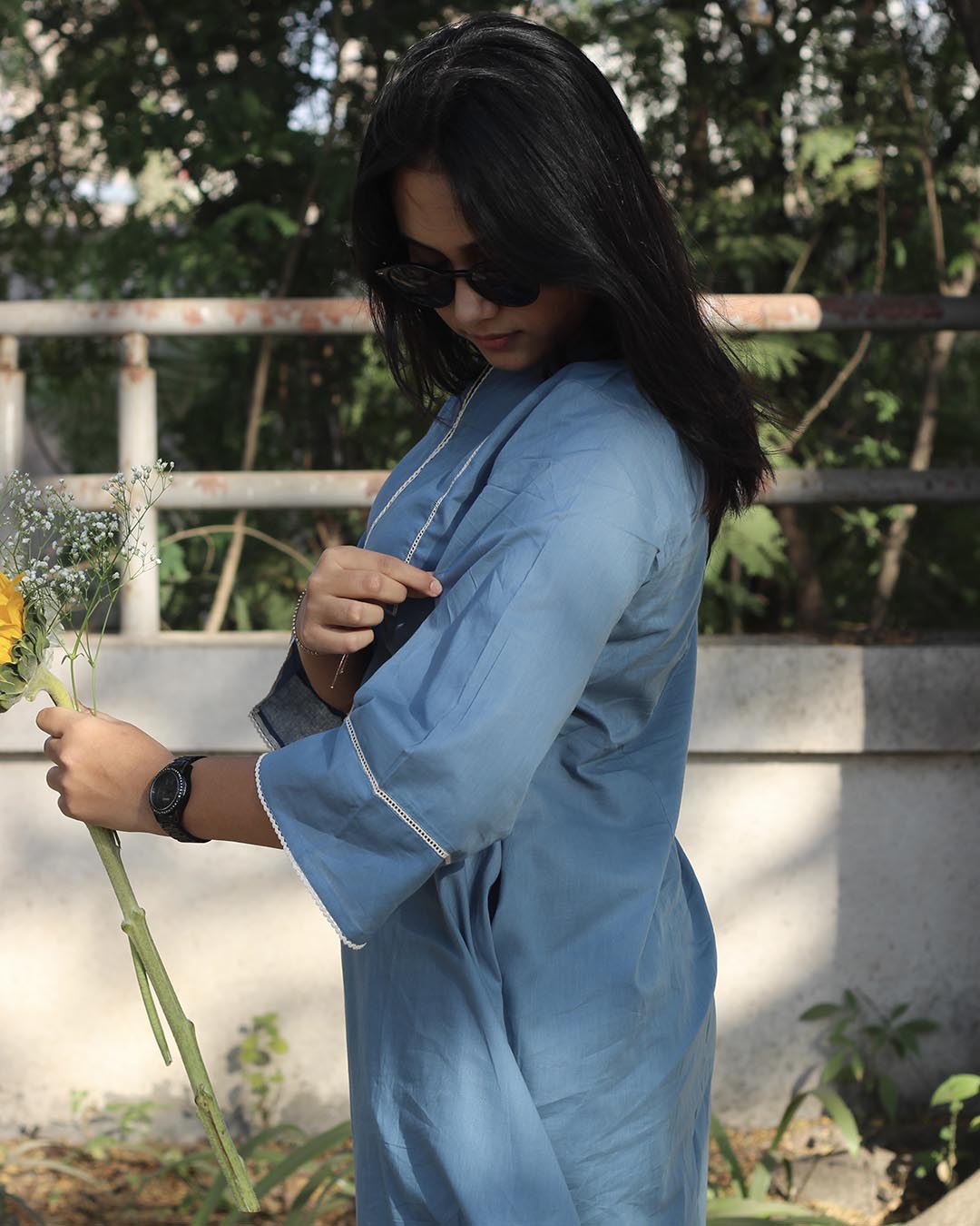 Premium cotton Steel blue laced Long Kurta