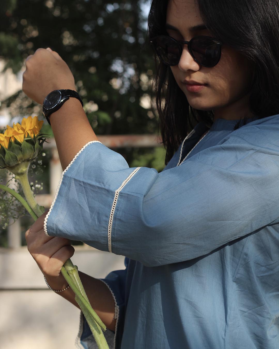 Premium cotton Steel blue laced Long Kurta