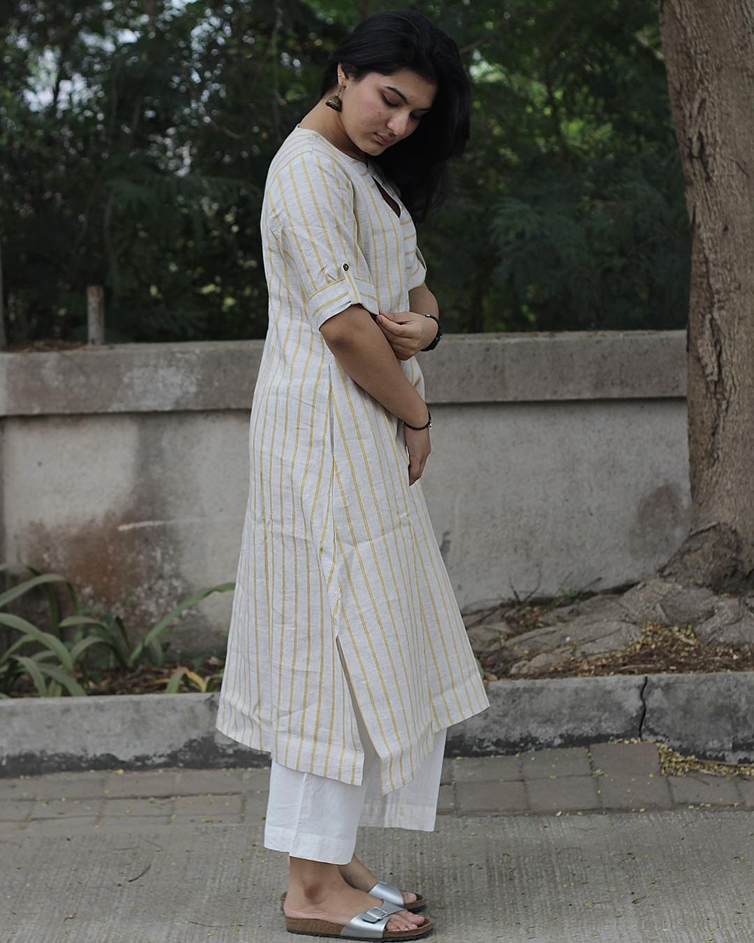 SAADGI 2.0: Premium linen Lemon Stripe Long kurta