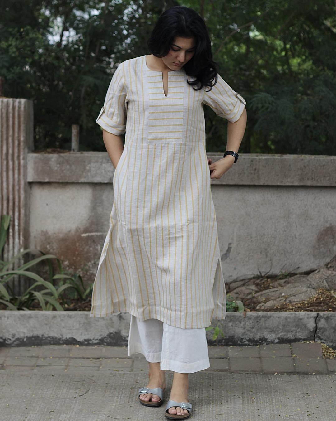 SAADGI 2.0: Premium linen Lemon Stripe Long kurta