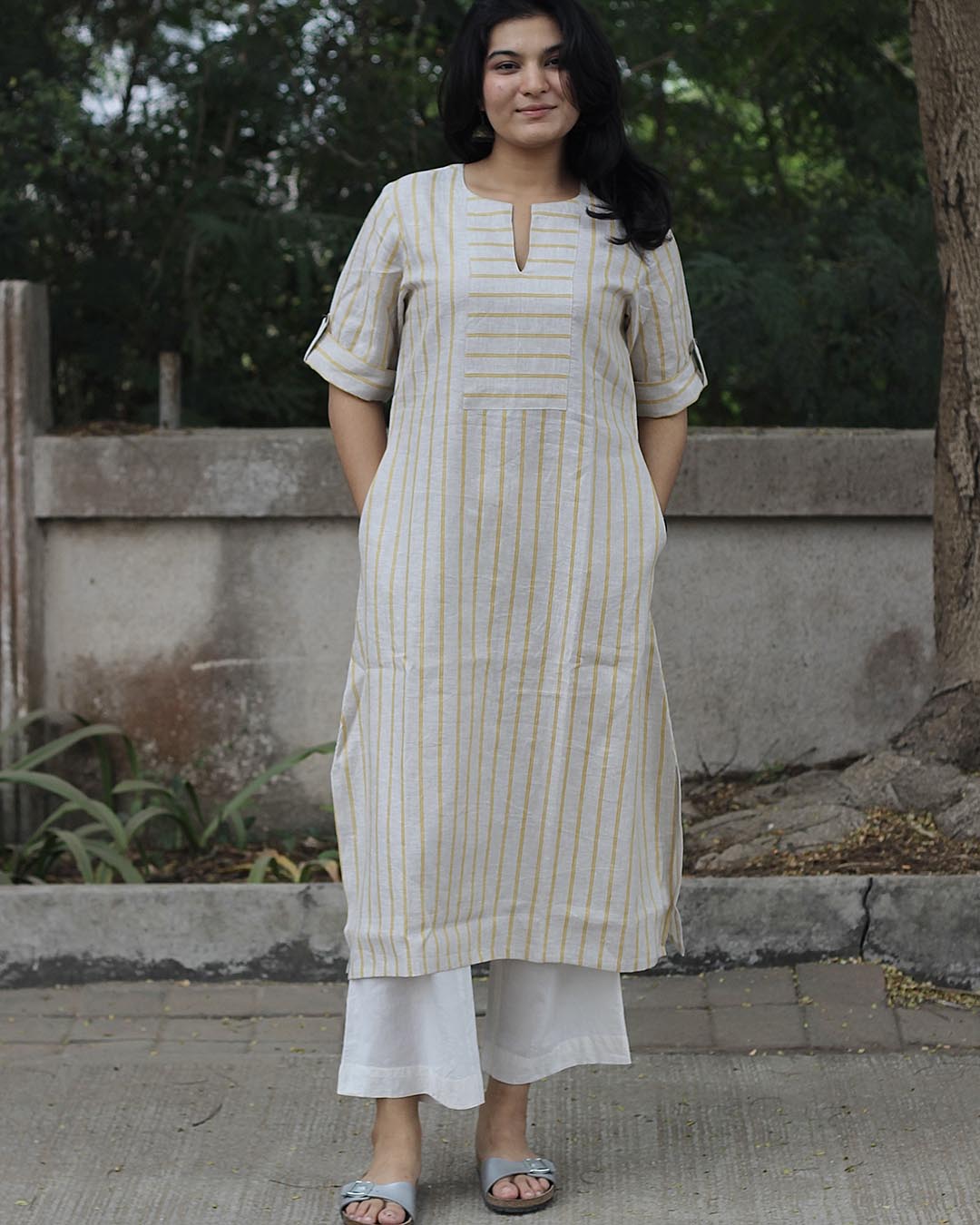 SAADGI 2.0: Premium linen Lemon Stripe Long kurta