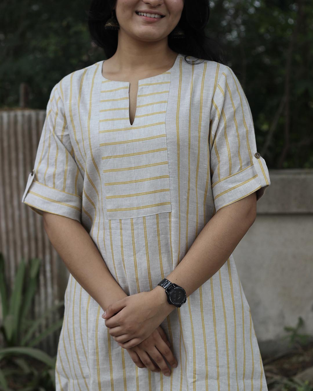 SAADGI 2.0: Premium linen Lemon Stripe Long kurta