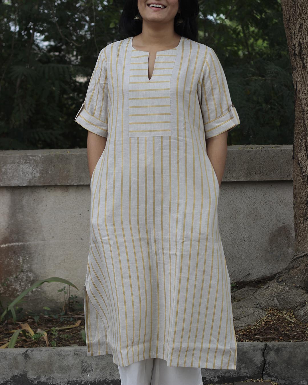 SAADGI 2.0: Premium linen Lemon Stripe Long kurta