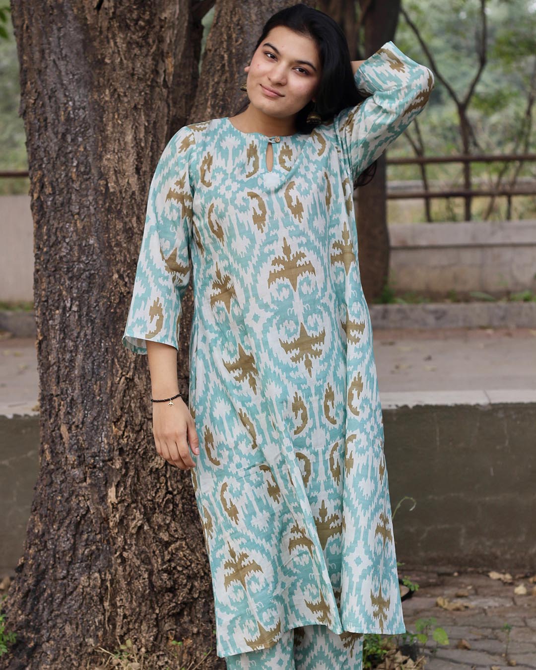 Sky Blue Ikkat Print Premium Cotton Kurta & Pant Set