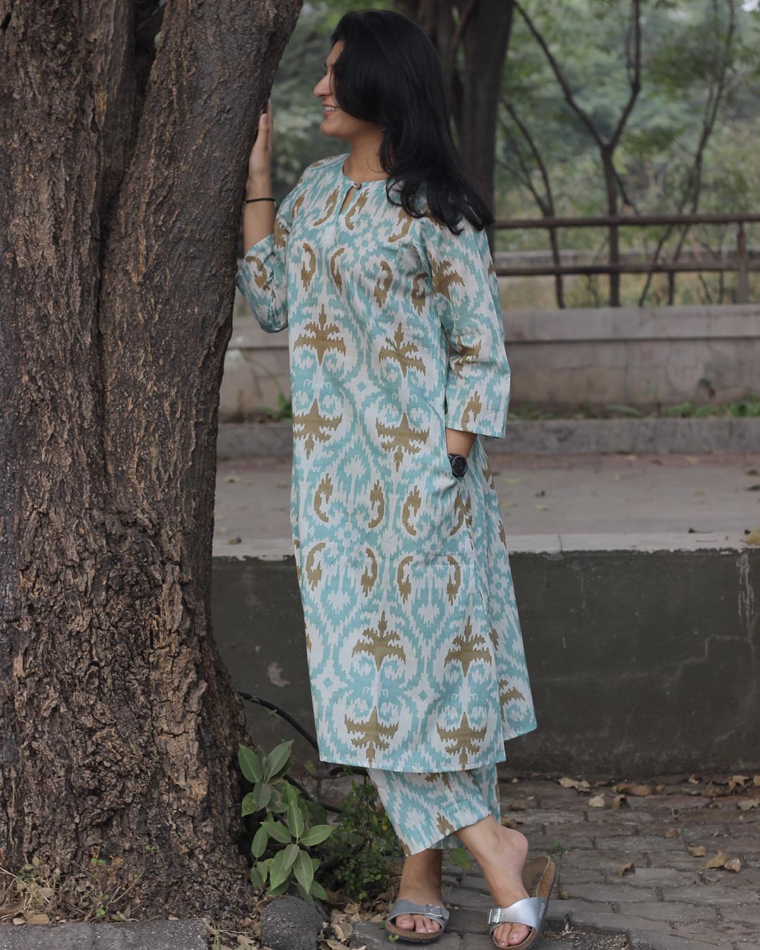 Sky Blue Ikkat Print Premium Cotton Kurta & Pant Set