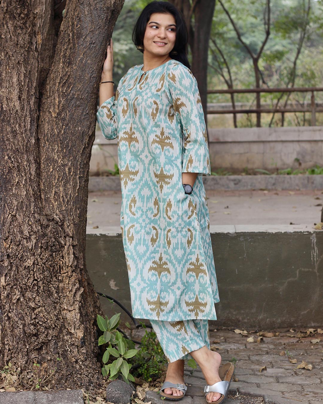 Sky Blue Ikkat Print Premium Cotton Kurta & Pant Set
