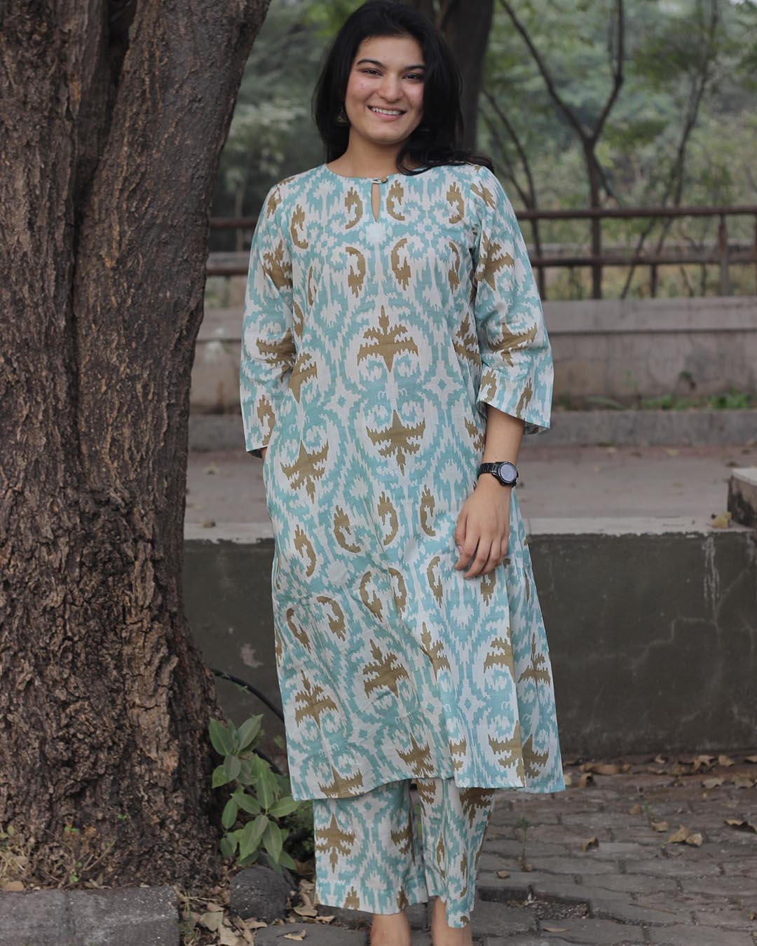 Sky Blue Ikkat Print Premium Cotton Kurta & Pant Set