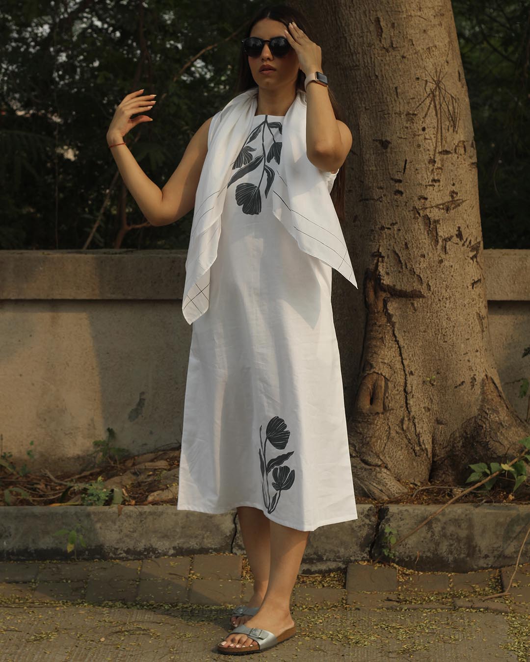 Floral Grace Hand-Painted Long dress in Pure Cotton