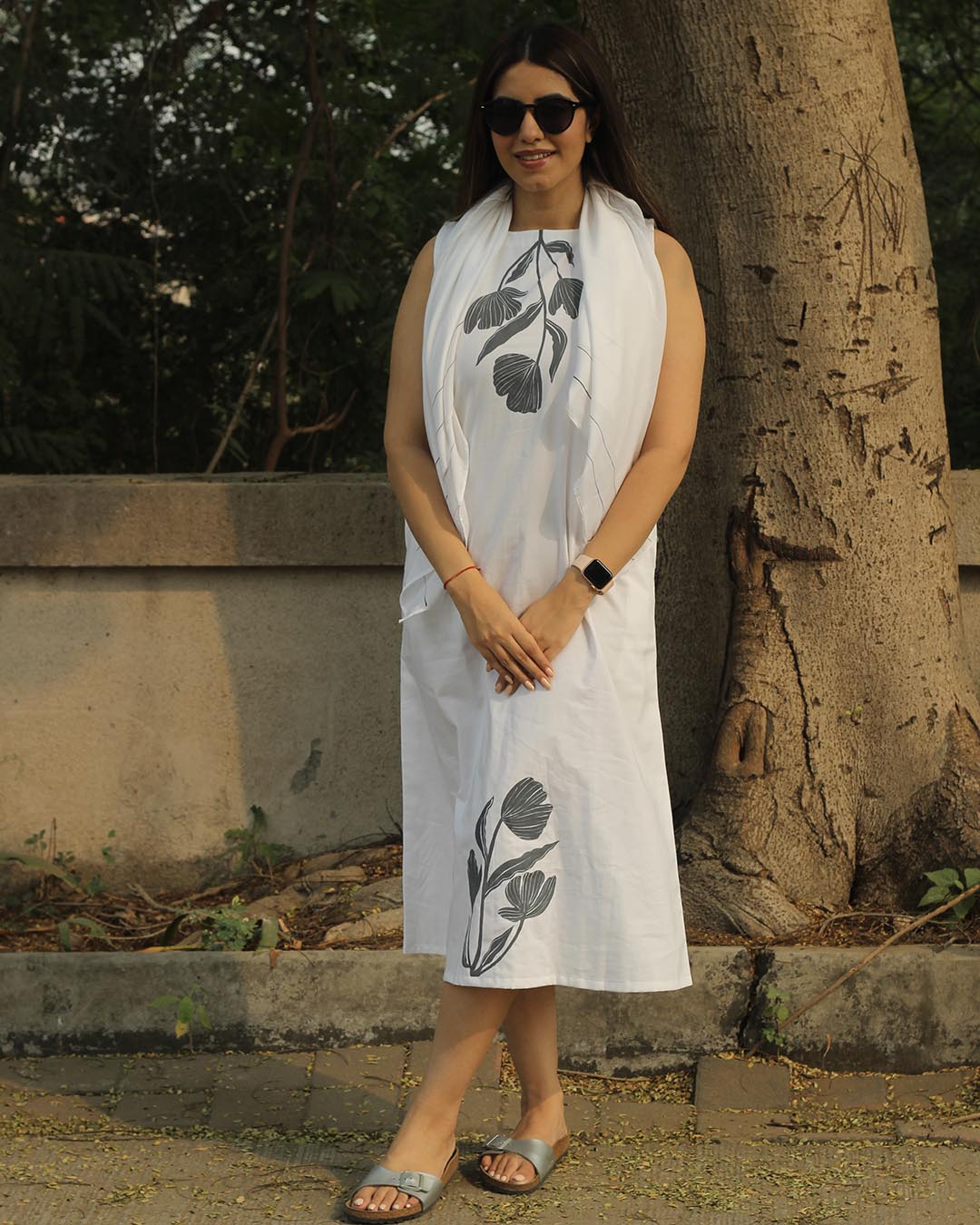 Floral Grace Hand-Painted Long dress in Pure Cotton
