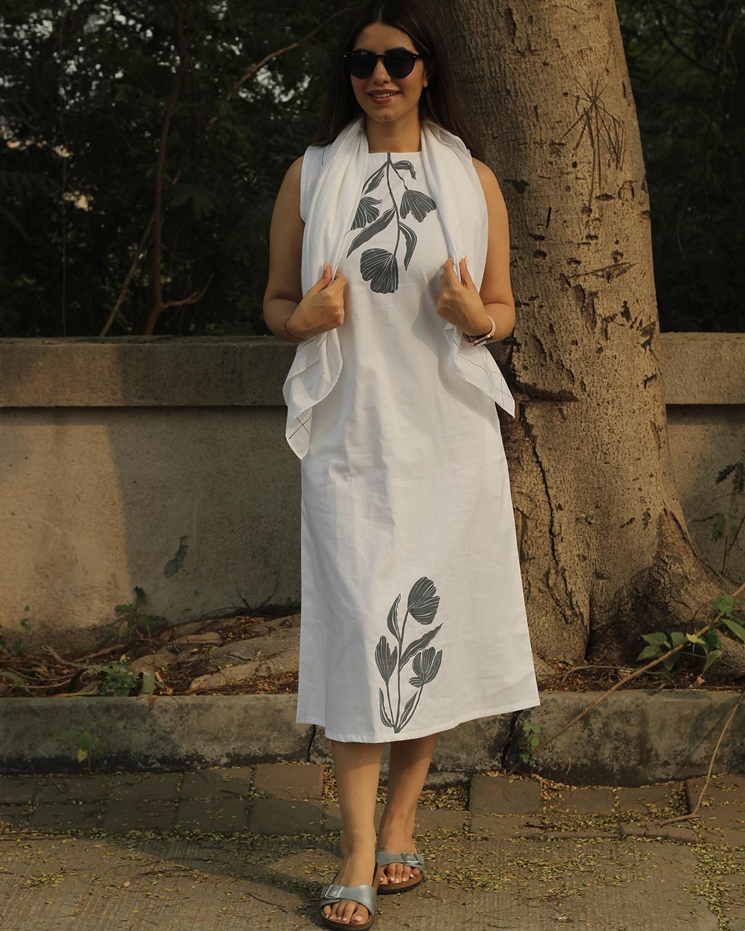 Floral Grace Hand-Painted Long dress in Pure Cotton
