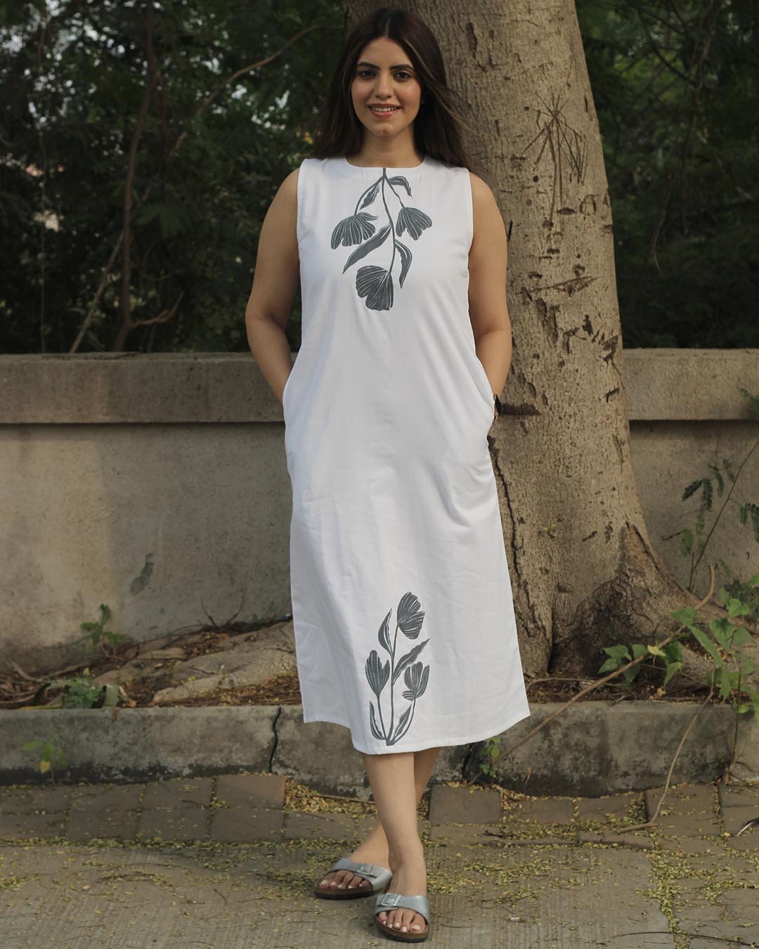 Floral Grace Hand-Painted Long dress in Pure Cotton