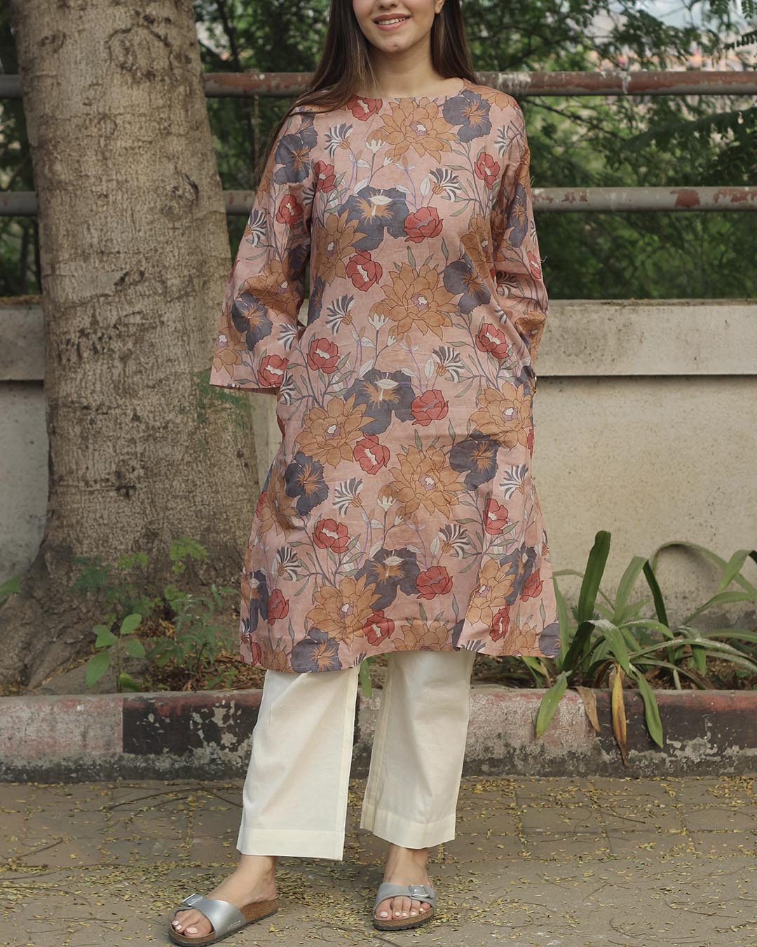 Dusty Bloom A-Line Long Kurta in Premium cotton