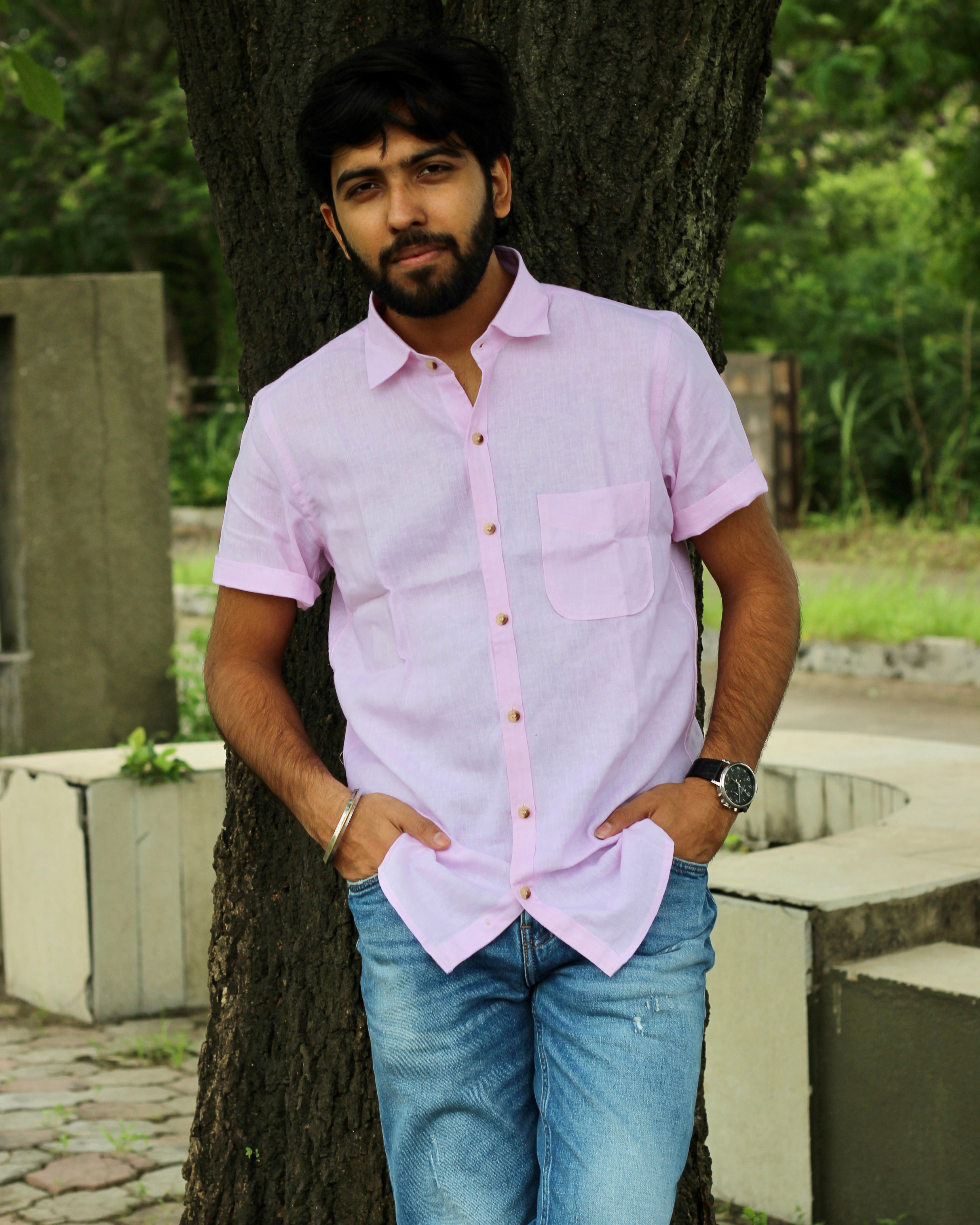 Baby pink Pure Linen half Sleeves Shirt for Men