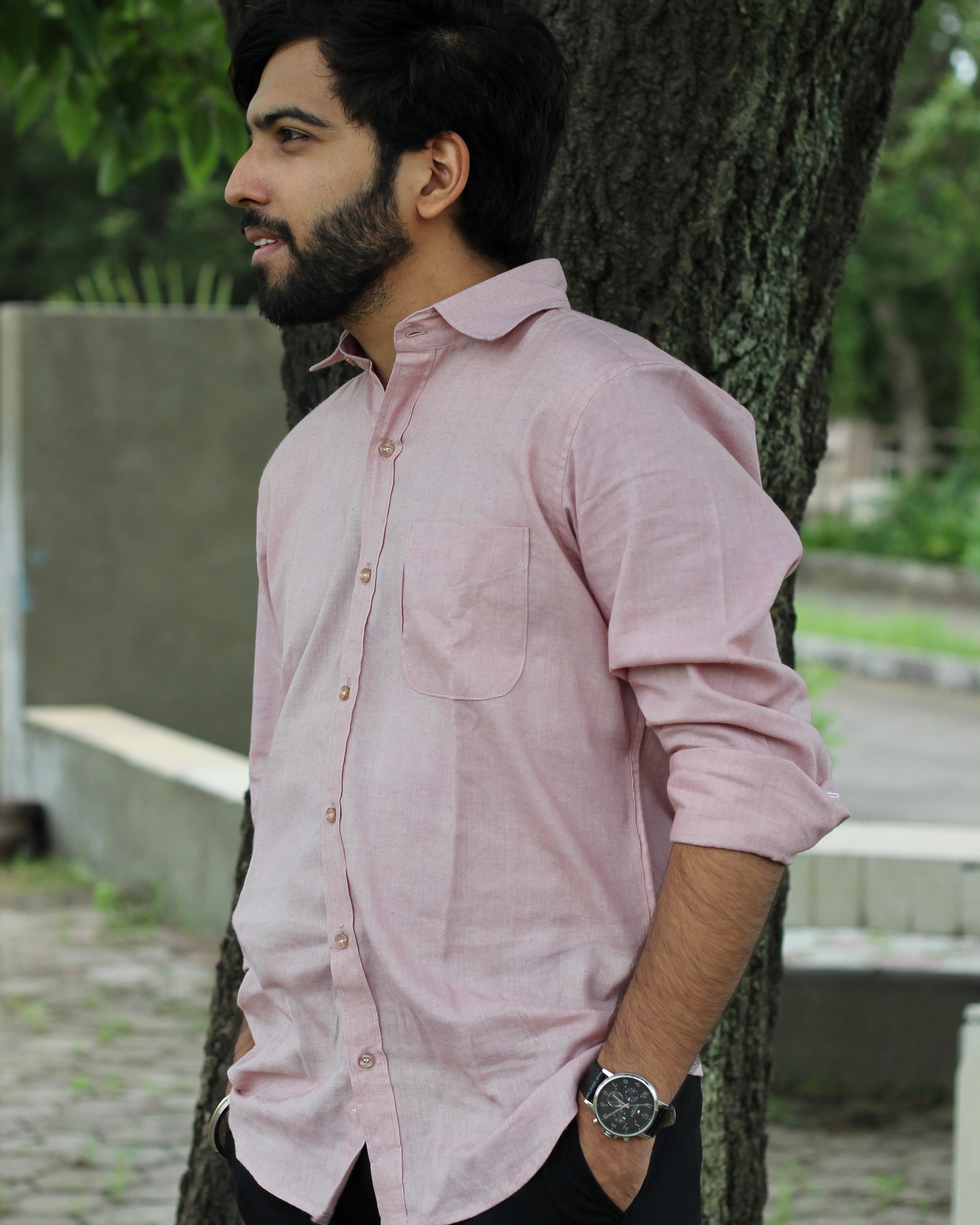 Peach pink Linen full Sleeves Shirt for Men