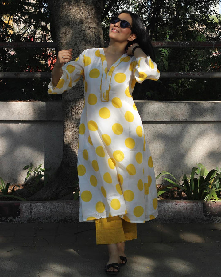 Yellow Cotton Silk polka dot long kurta