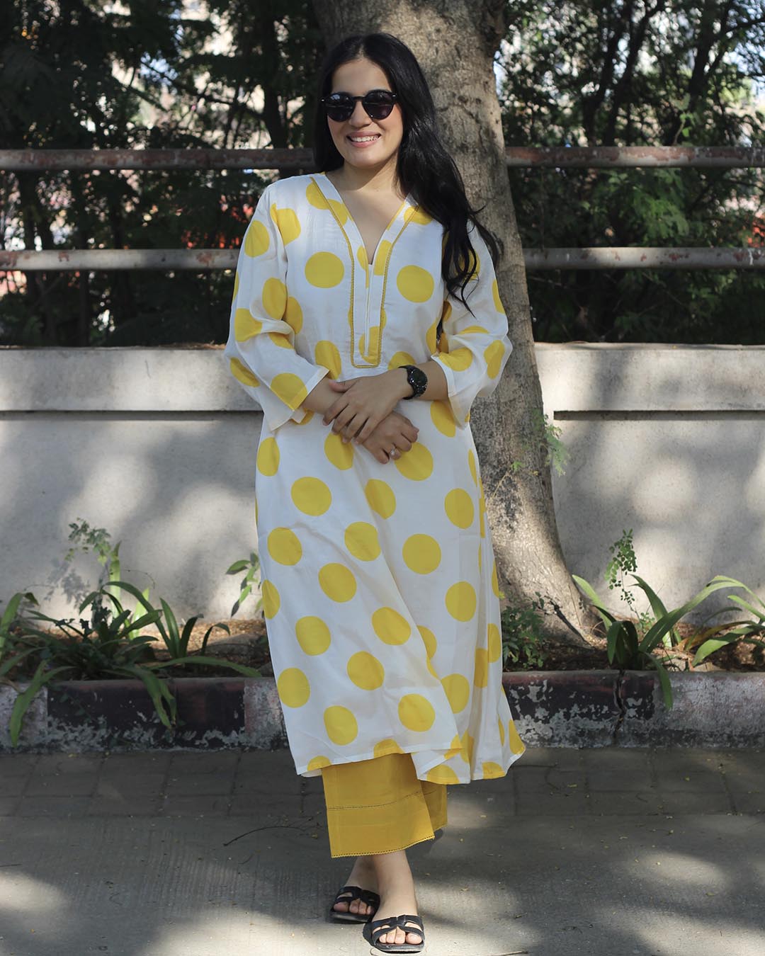 Yellow Cotton Silk polka dot long kurta