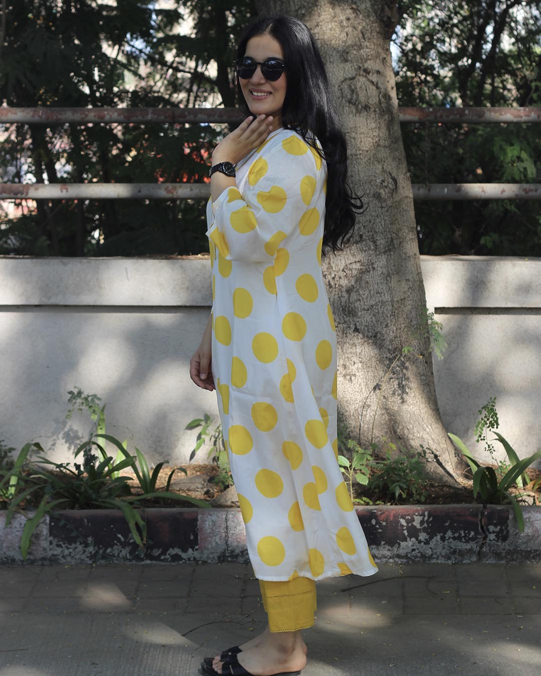 Yellow Cotton Silk polka dot long kurta
