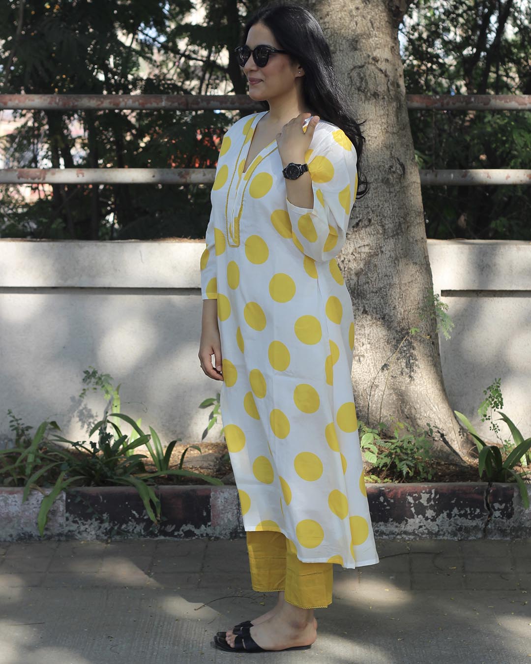 Yellow Cotton Silk polka dot long kurta
