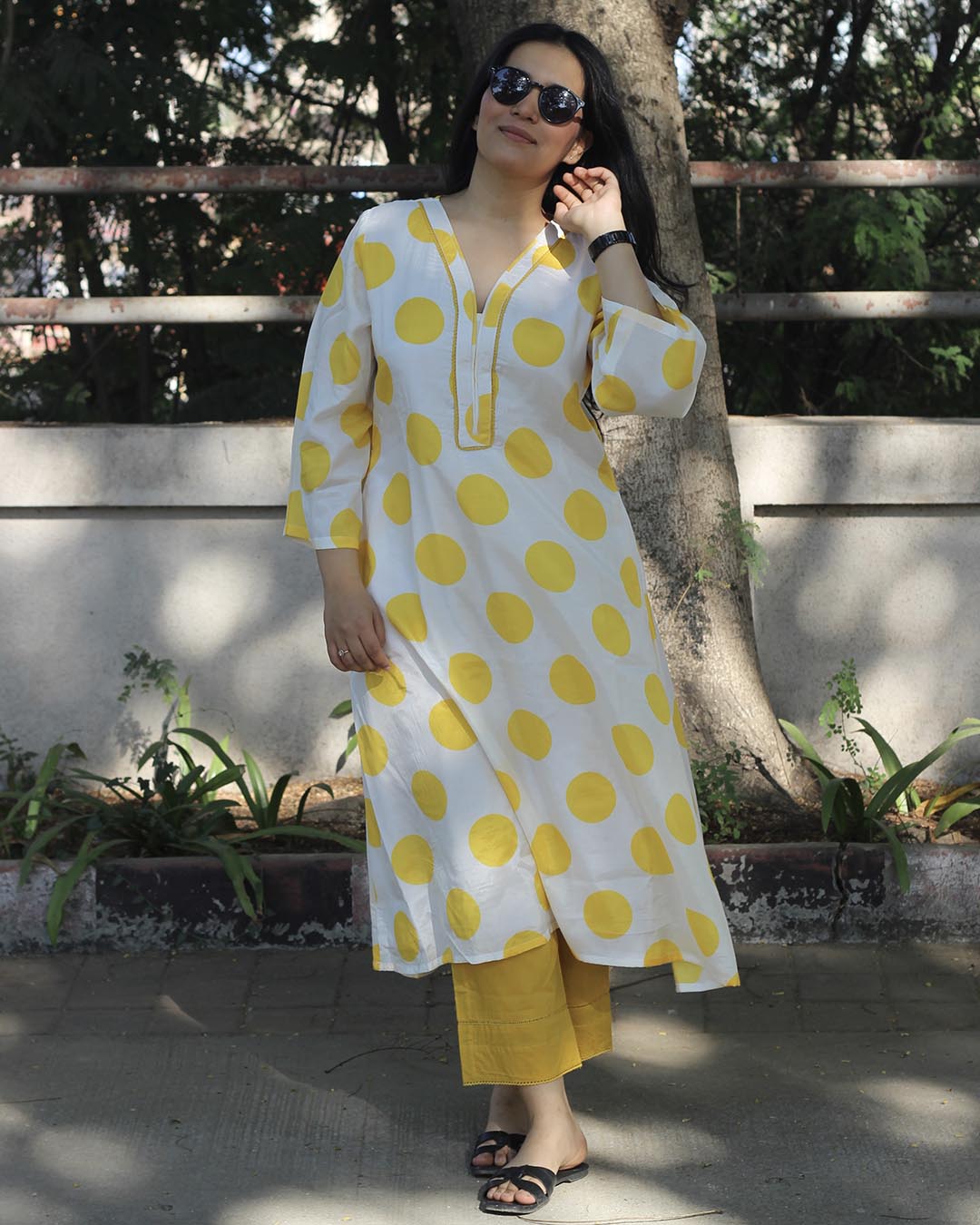 Yellow Cotton Silk polka dot long kurta