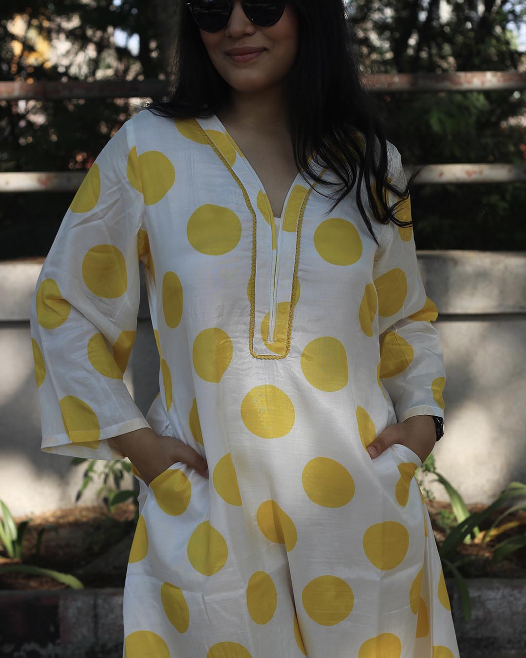 Yellow Cotton Silk polka dot long kurta