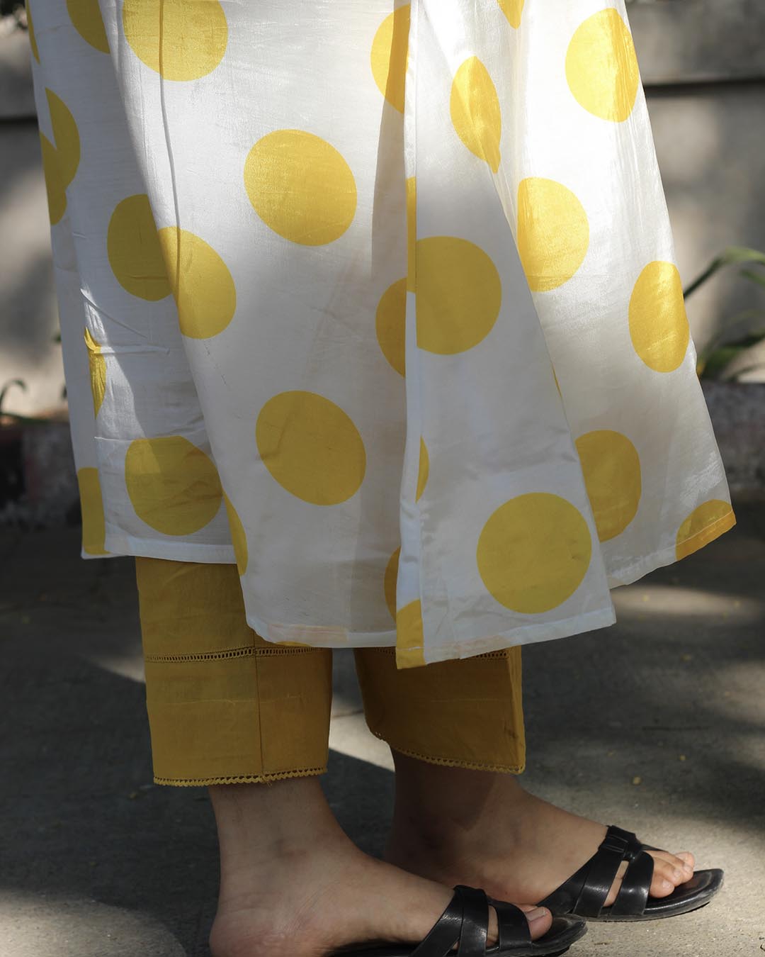 Yellow Cotton Silk polka dot long kurta
